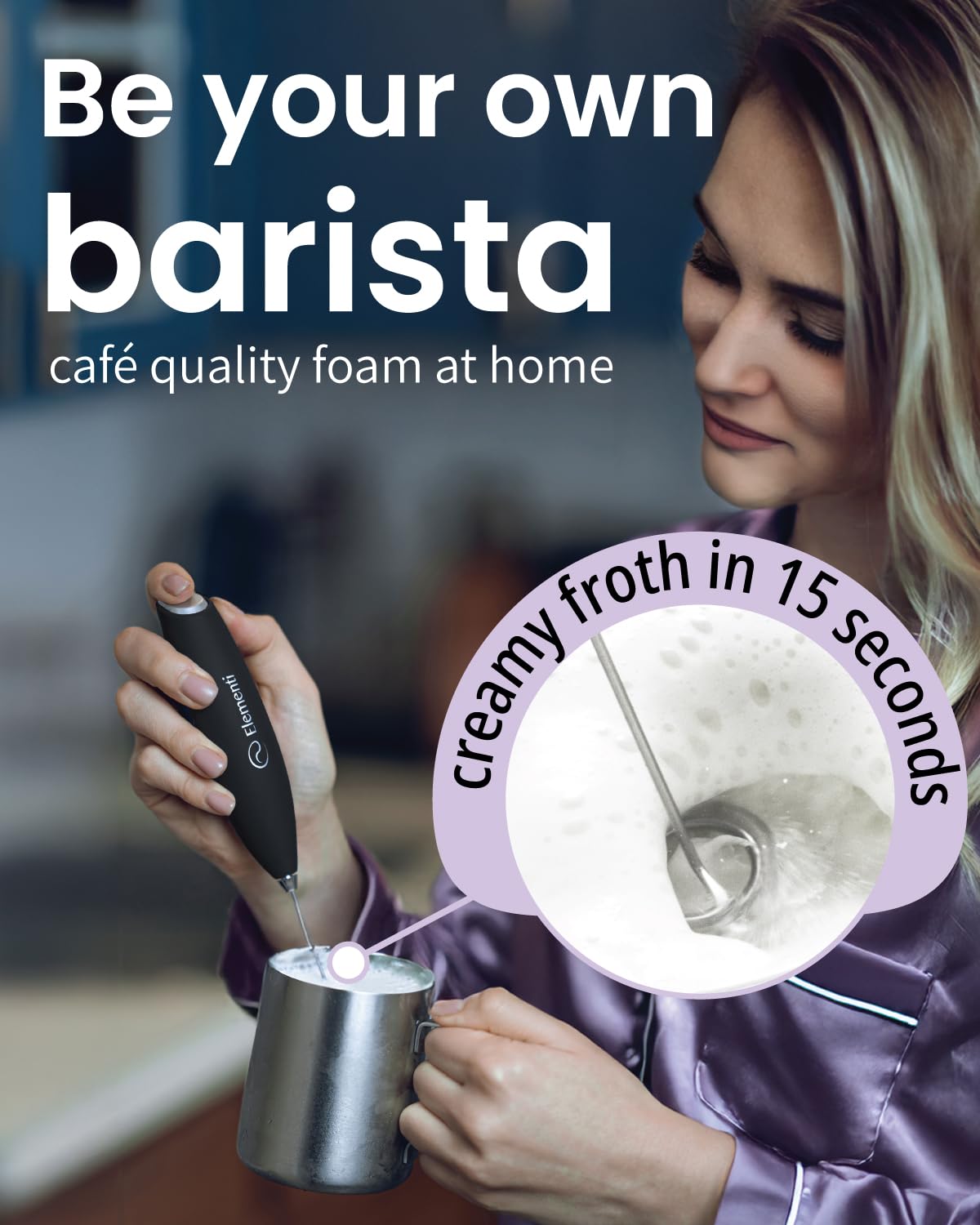 Elementi - Espumador de leche doble de mano, espumador de café, agitador eléctrico y batidor matcha - Mezclador de bebidas de mano para café - Salida del sol