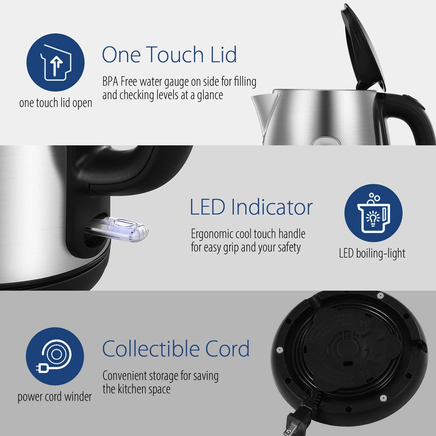 COMFEE' Hervidor eléctrico de acero inoxidable, hervidor eléctrico y de agua caliente de 1,7 litros, hervidor rápido de 1500 W con luz LED, apagado automático y protección contra ebullición en seco