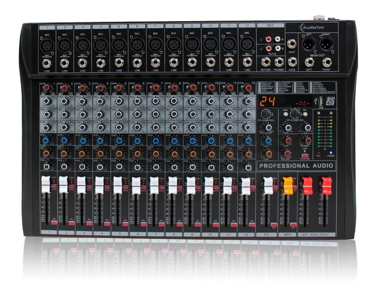 AUDIOTEK Mezcladora de Sonido 12 Canales 24 Efectos Mixer USB Interfaz Bluetooth DJ Potencia de 40 W Entrada para Auriculares Phantom Power Consola de Audio Mezcladoras Reproductor y Grabador MP3