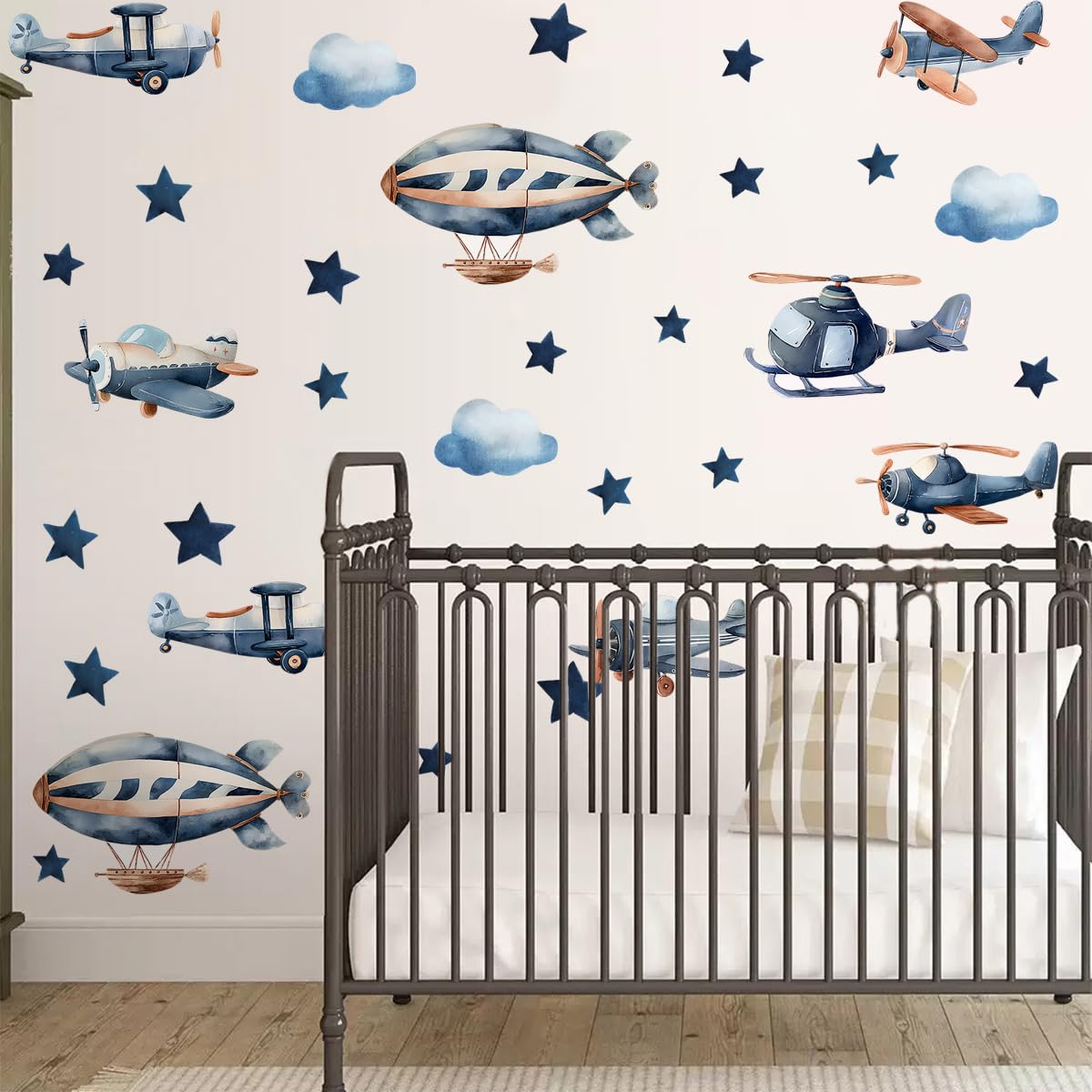 Calcomanías de pared de aviones, calcomanías de pared para habitación de niños, helicópteros, lanchas de avión, nubes, decoración mural de estrellas, calcomanía extraíble para habitación de niños