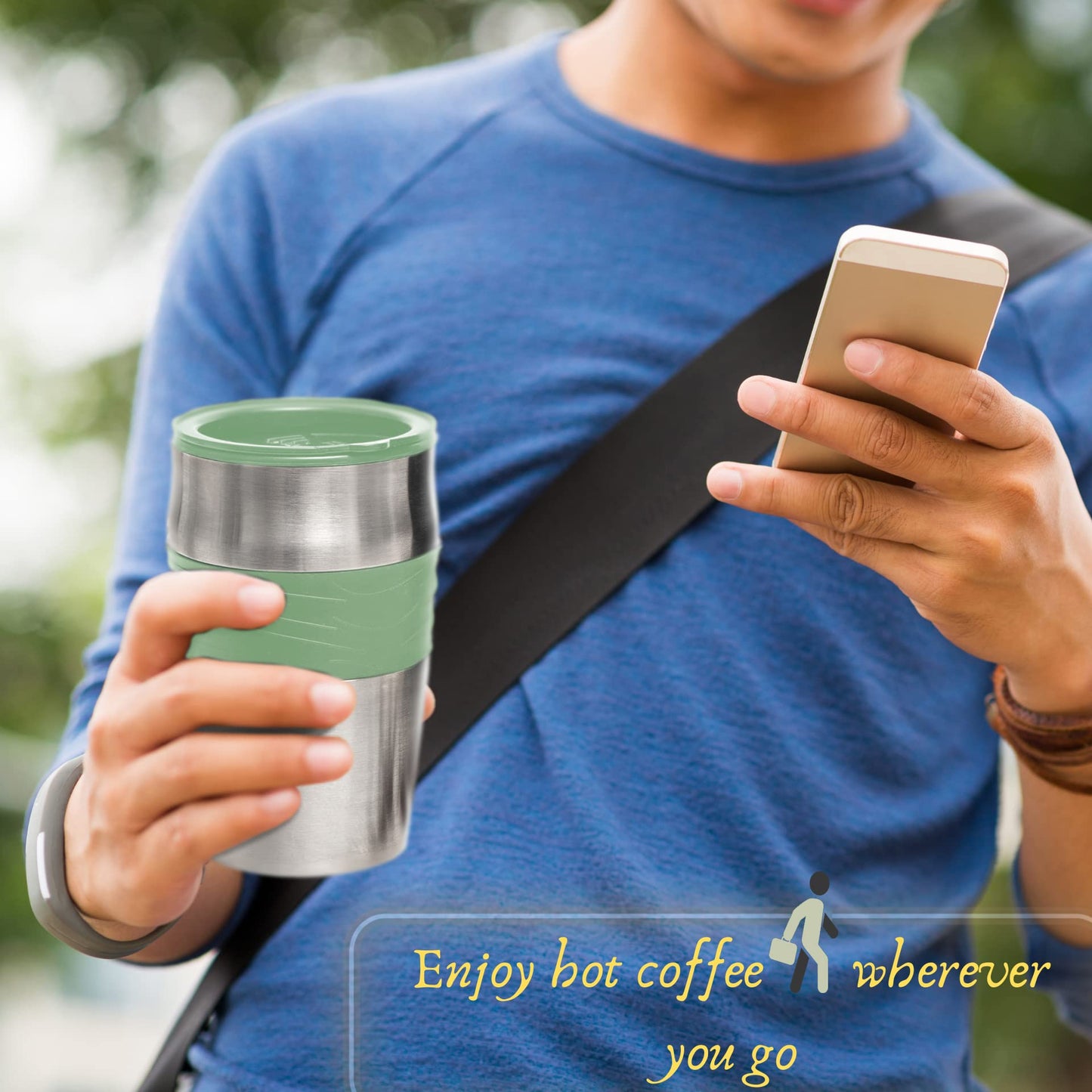Mixpresso - Cafetera personal de una sola porción y taza de viaje de 14 onzas, cafetera de goteo y vaso, apagado automático y filtro reutilizable, cafetera verde pequeña, compatible con posos de café