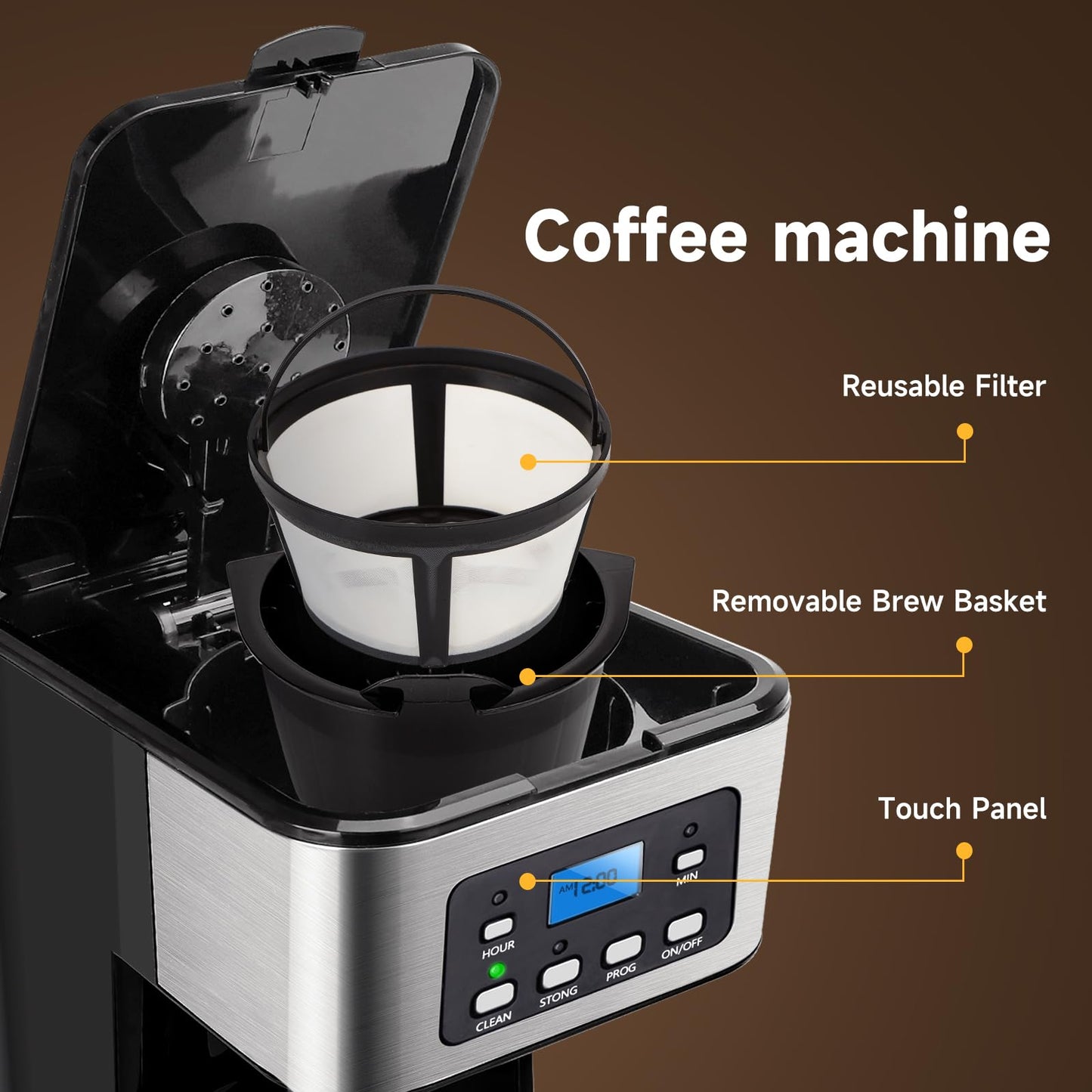 Aigostar Cafetera de goteo, Pantalla LCD, Filtro Reutilizable, Programable, Función Auto Limpieza (Descalcificación), Capacidad 1,8L(12 tazas), Función Mantener Caliente. Sin BPA