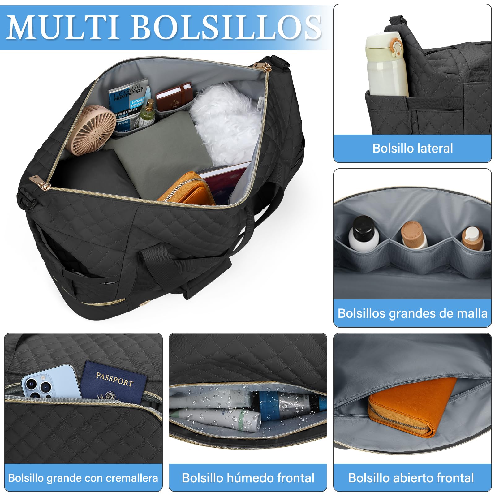 Bolsa de Viaje SDYSM Negro con Puerto USB y Compartimento para Zapatos para Hombre y Mujer