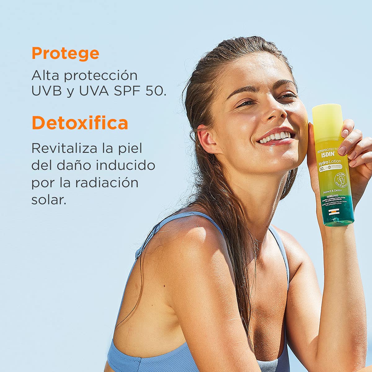 ISDIN Fotoprotector hydrolotion spf 50, protector solar corporal bifasico que protege y detoxifica la piel, hidratante y efecto refrescante, 200ml