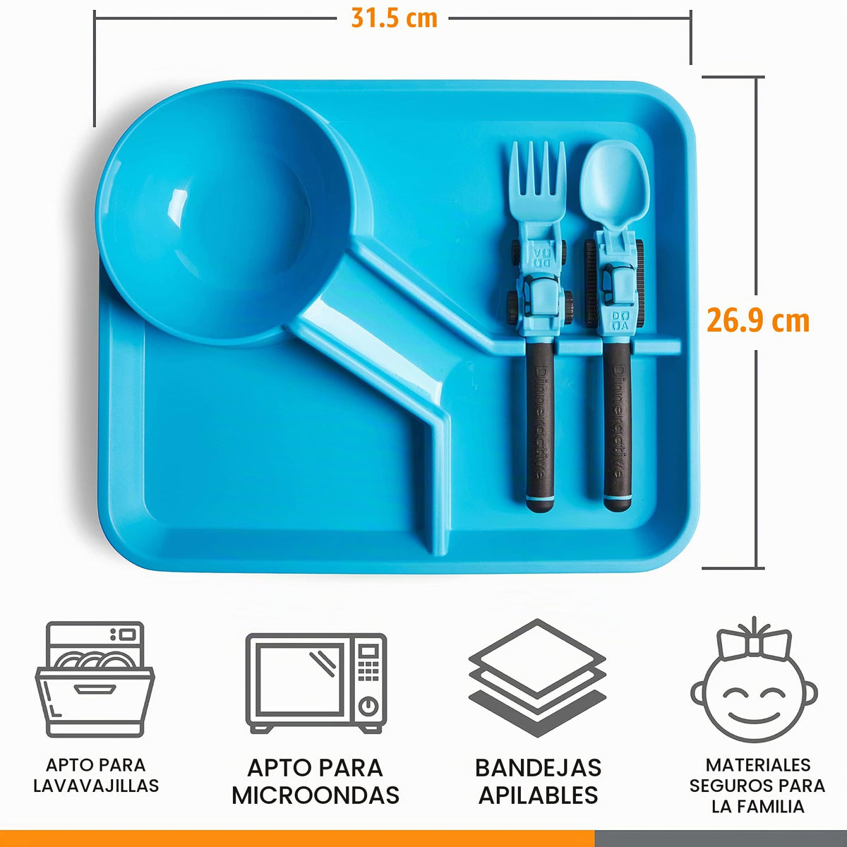 Dinneractive - Juego de comedor para niños, 3 piezas con temática de construcción para niños y platos, tenedores y cucharas