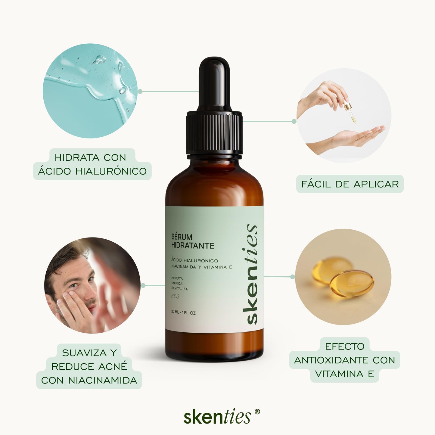 Skenties Sérum Hidratante con Ácido Hialurónico, Niacinamida y Vitamina E - Controla Grasa, Reduce Poros e Imperfecciones - FPS 15 - Hidratación Profunda - 30 ml