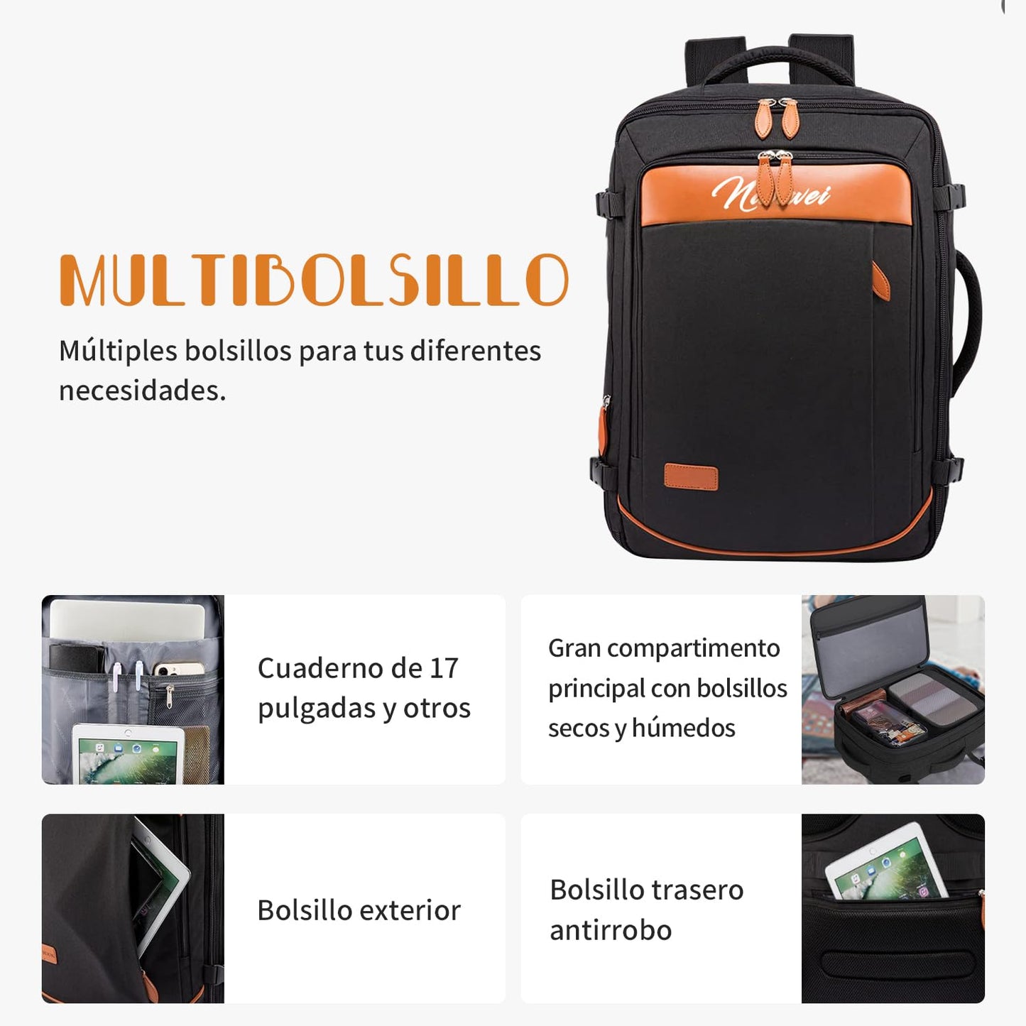 Juego de mochila de viaje de 5 piezas, mochila de equipaje certificada por vuelo extra grande 40 L, maleta expandible con 4 bolsas de almacenamiento, mochila de negocios impermeable, unisex (Negro)
