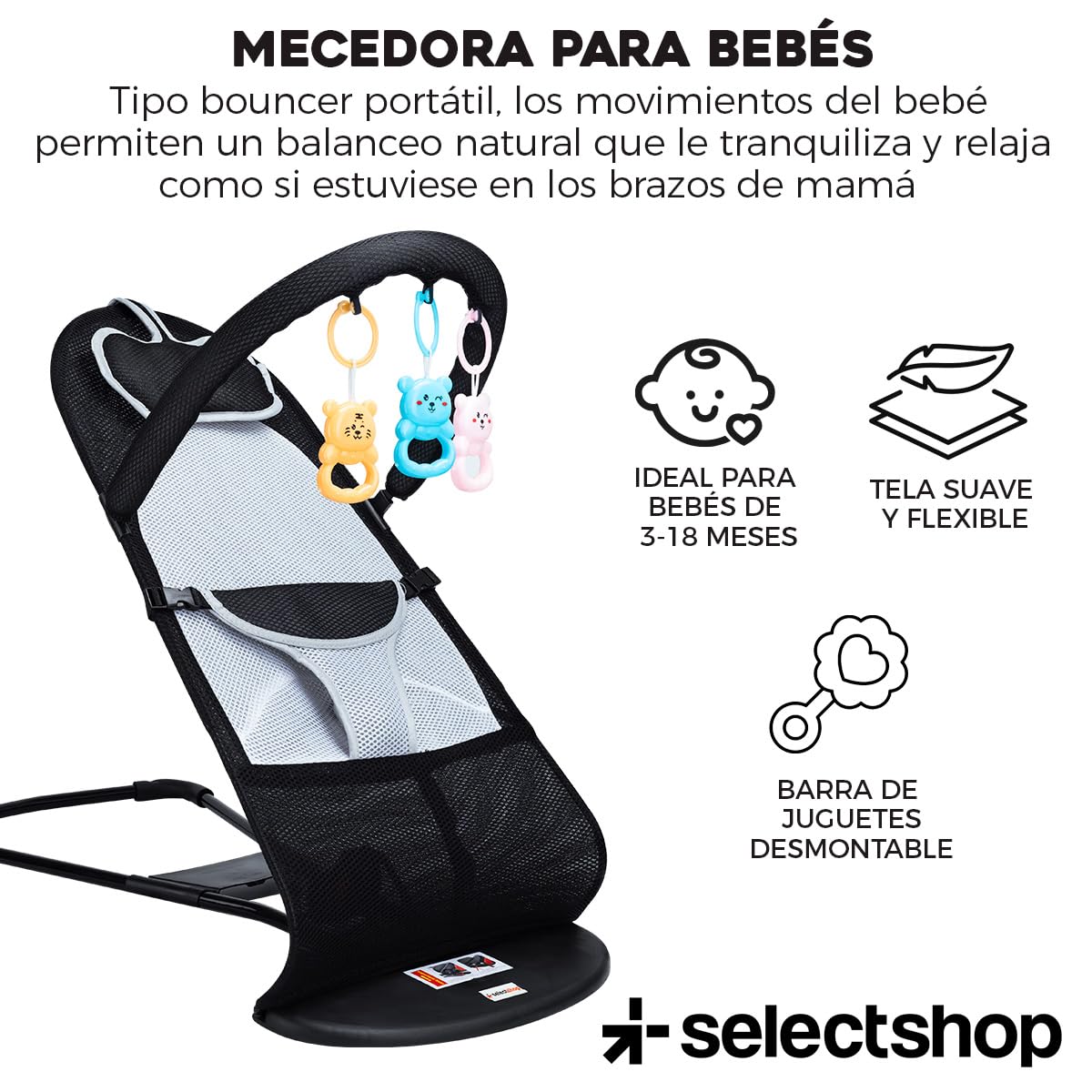 Silla Mecedora SELECTSHOP Negra Portátil de Lujo con Asiento Transpirable y Cómodo para Bebé