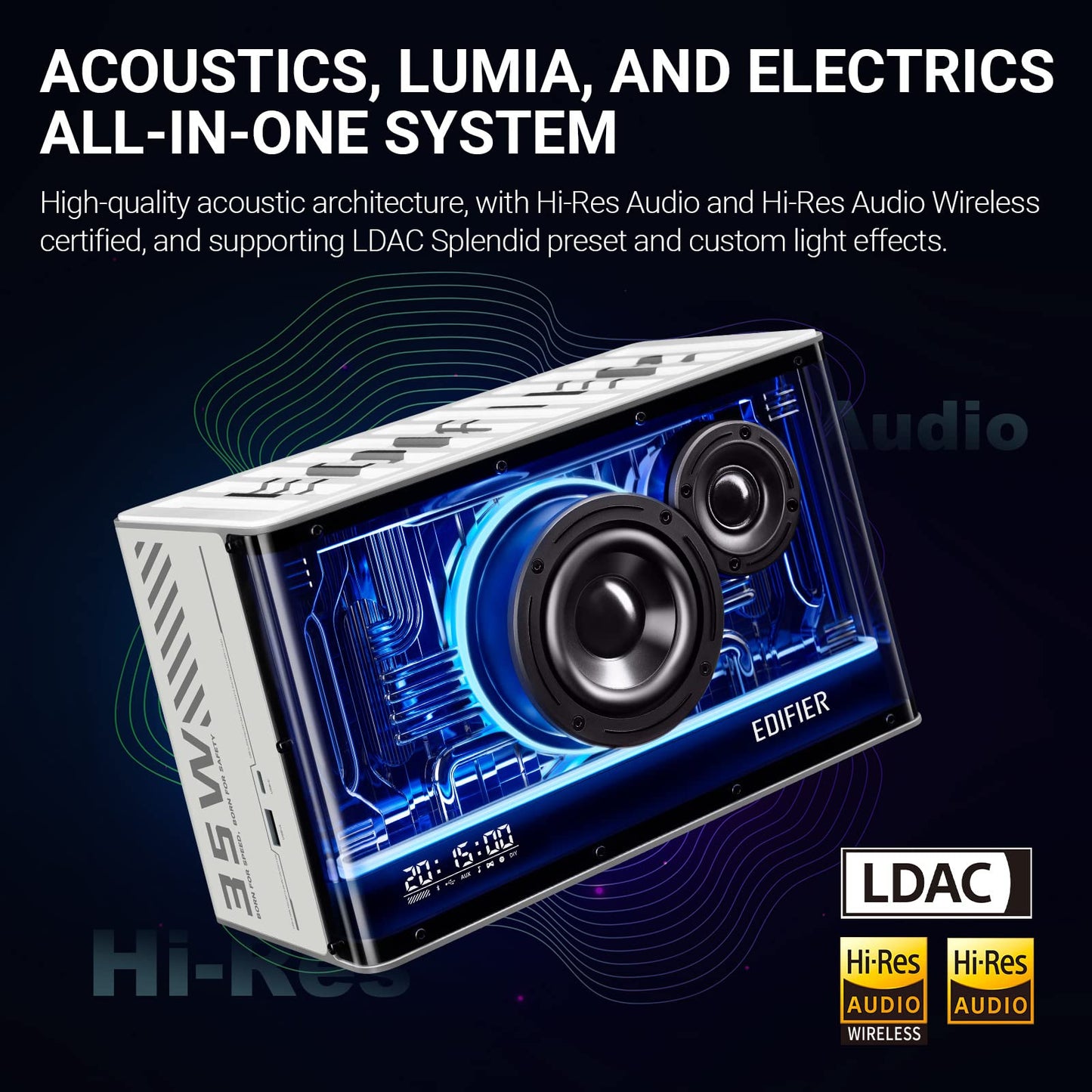Edifier QD35 - Altavoz Bluetooth de Mesa, Audio de Alta resolución y Audio de Alta resolución inalámbrico Certificado para computadora, Carga ultrarrápida GAN de 35 W, Efectos de luz espléndidos
