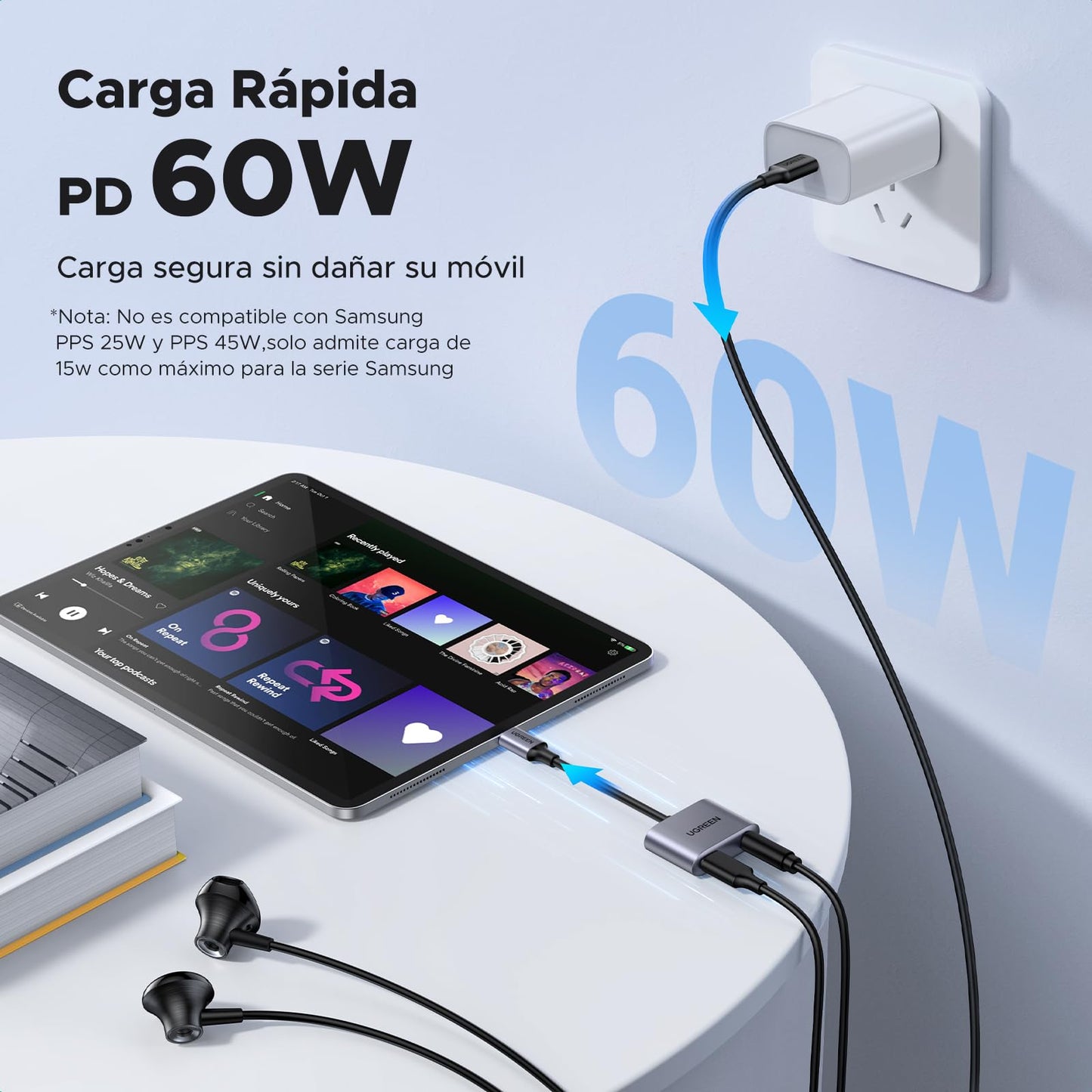 Adaptador USB C UGREEN Blanco 60W Carga Rápida y Jack 3.5 mm 2 en 1 Compatible con iPhone, Galaxy, Pixel, iPad
