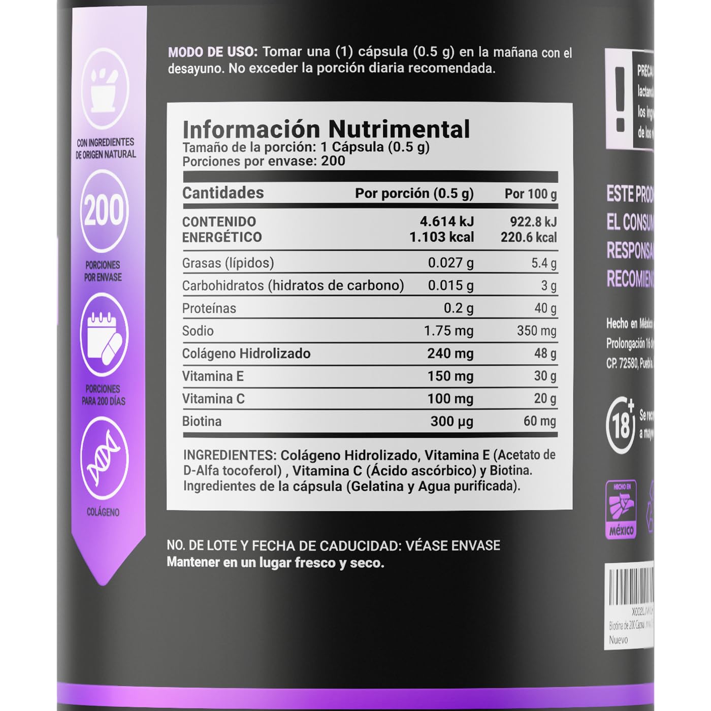 Biotina de 200 Cápsulas. Ingredientes naturales: Colágeno, Vitamina E y Vitamina C. Collagen Bio B Life.