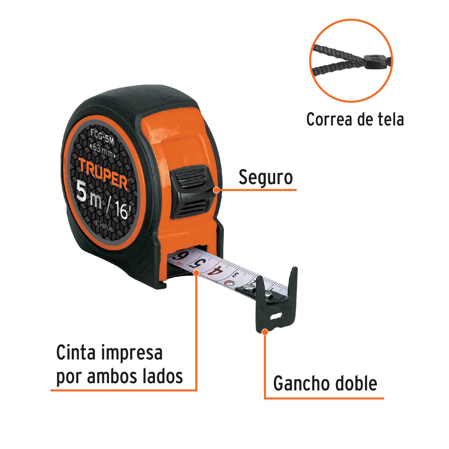 Flexómetro Compacto Truper Naranja Antigolpes Cinta 5 m
