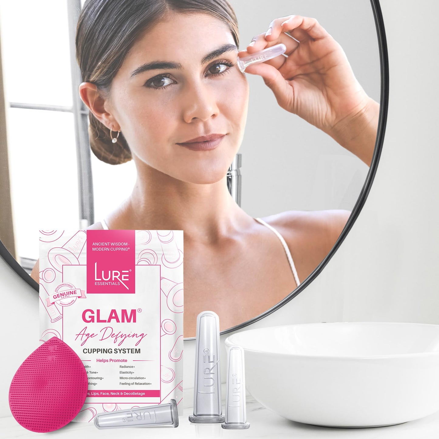 LURE Home Spa Glam Face and Eye Cupping Massage Set with Free Cleansing Brush for Instantly Ageless Look Natural Anti Aging Solution Reduces Fine Lines & Deep Wrinkles, Improves Collagen
