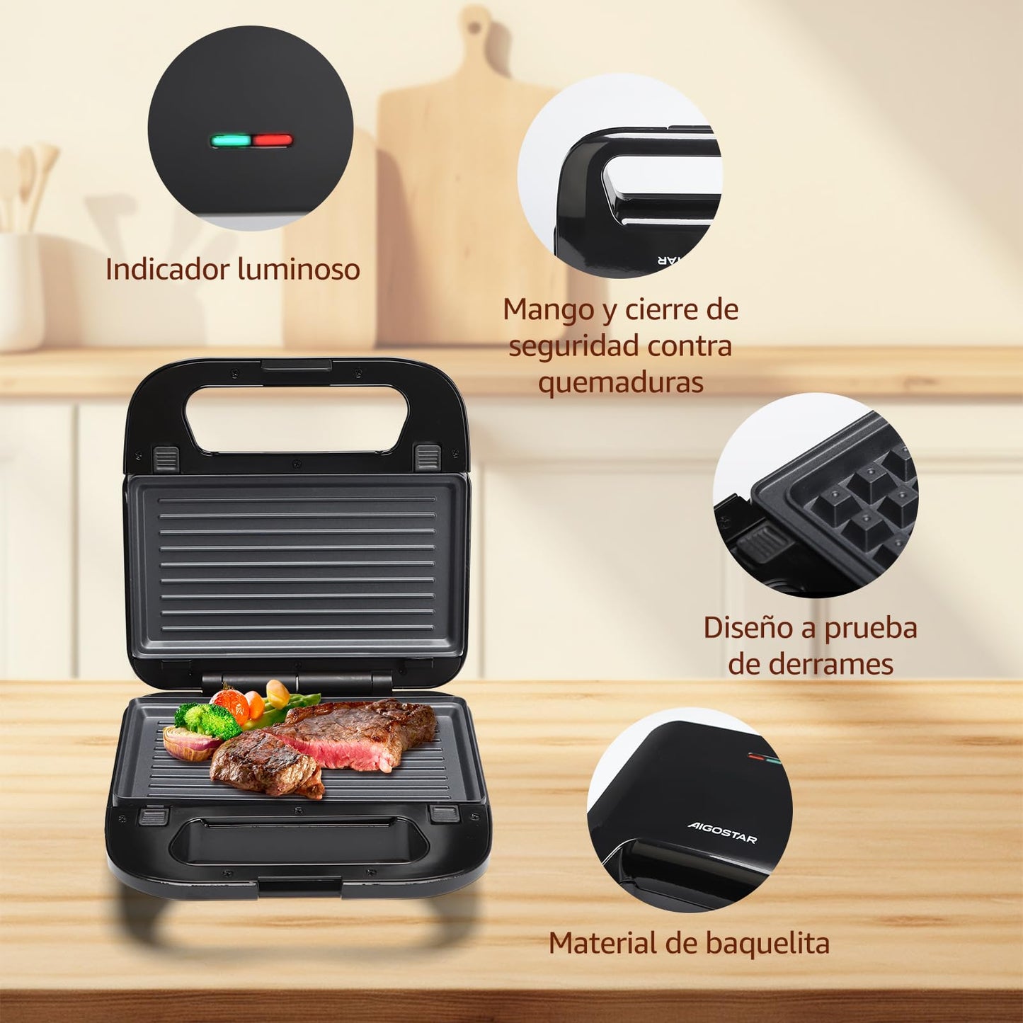 Aigostar Sandwichera Electrica 4 en 1, prensa de panini de doble cara, Recubrimiento Antiadherente, Con luz indicadora y fácil de limpiar, Termostato.