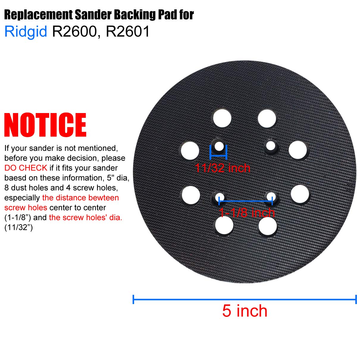 Almohadilla lijadora de gancho y bucle de 5 pulgadas para lijadoras de órbita aleatoria Ridgid R2600, R2601, almohadilla de lijado de repuesto de 8 agujeros para número de pieza 300527002, con