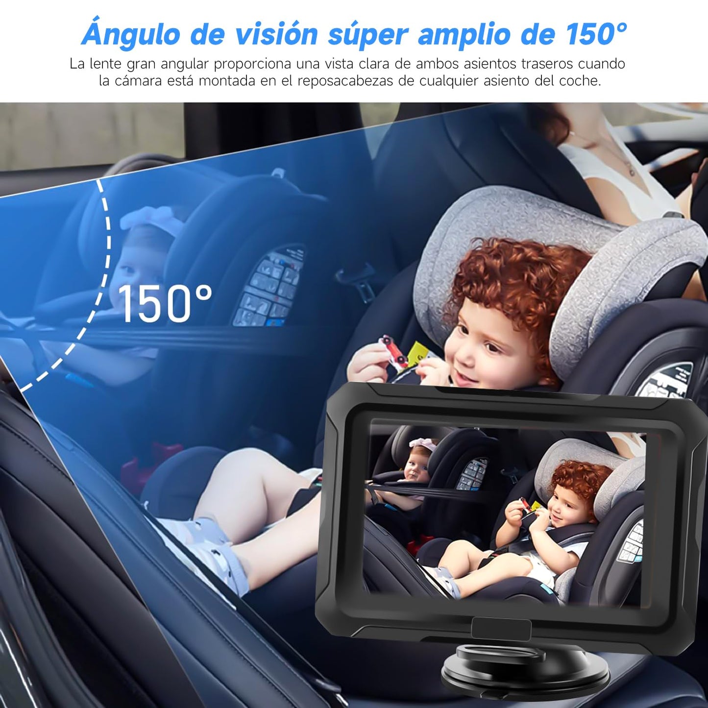 Muja Cámara Coche Bebé Asiento Trasero, Pantalla HD de 4.3 Pulgadas 1080p, Espejo Retrovisor para Cochecito de Bebé, El Coche con Cámara Giratoria de 360°, Lente Gran Angular de 150°