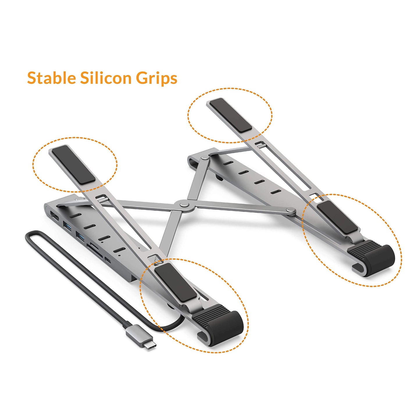 Hyper Drive - Soporte plegable para portátil (USB C, 7 en 1: HDMI 4K30Hz, USB-C 100 W, USB-C 5 Gbps, MicroSD/SD, 2 USB-A 5 Gbps, compatible con Chromebook, Windows PC, MacBook iPad Pro de 10 a 17 pulgadas
