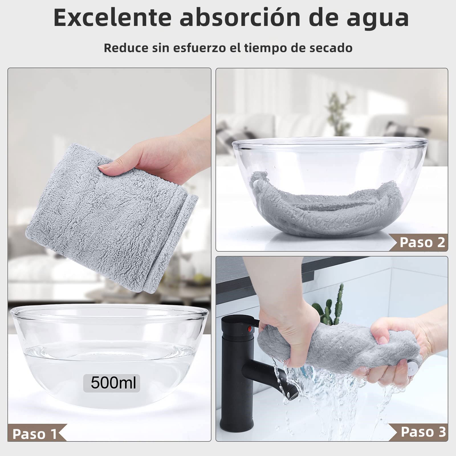 Toalla Microfibra para Cabello 3 Pack, Toalla de Cabello Seco con Botones, Gorro de Baño Ultra Absorbente de Agua, Secado de Pelo Súper Rápido, Turbante Suave Anti Frizz para Mujer (Rosa Gris Azul)