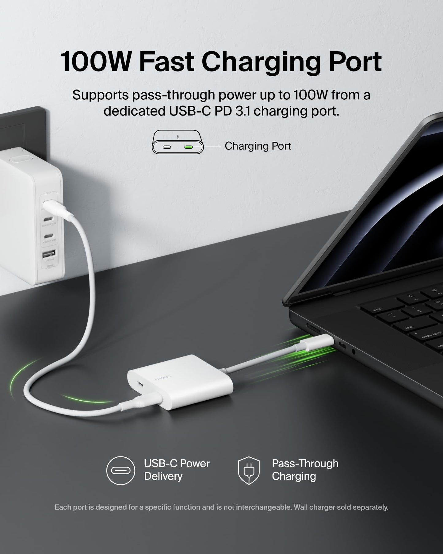 Belkin Connect USB-C Power & Data Splitter, concentrador de Doble Puerto con 1 Puerto USB-C 3.2 Gen2 y 1 Puerto PD de 100 W para Carga simultánea y Transferencia de Datos para iPhone, iPad, Nintendo