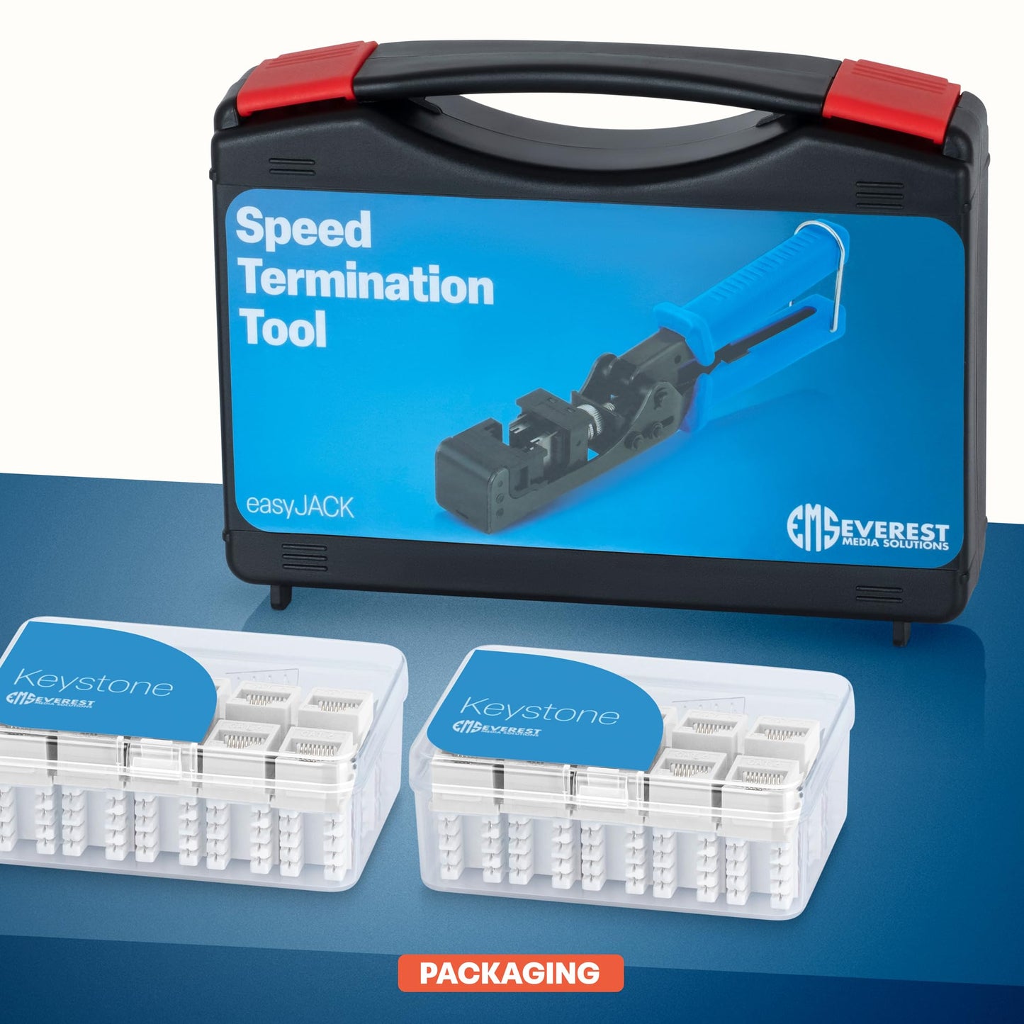 Herramienta de Terminación Everest Media Solutions Blanca con 20 Conectores Keystone Jack CAT6 en Ángulo de 90°