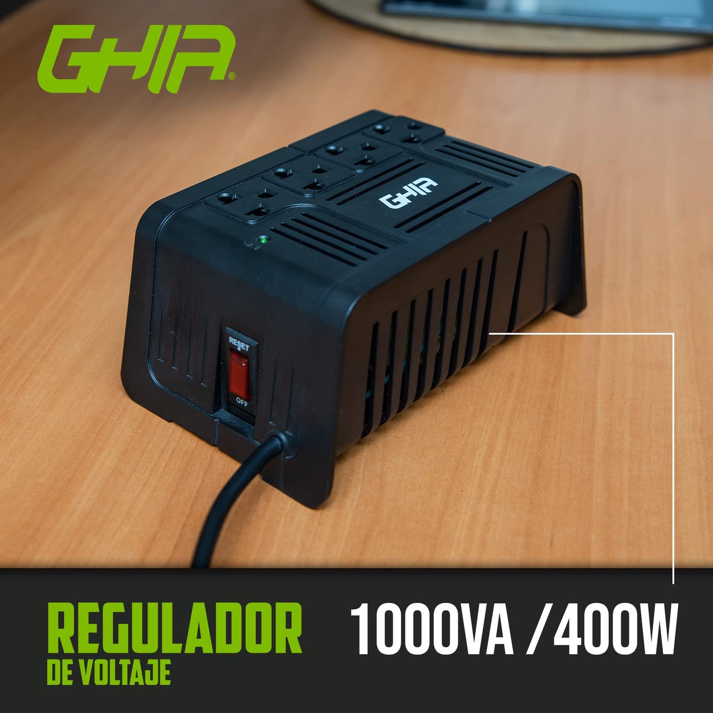 GHIA Regulador de Voltaje GVR-010. Respalda hasta 4 Dispositivos con un Consumo en Conjunto máximo de 1000VA/400 Watts. Regulación y supresión de Picos