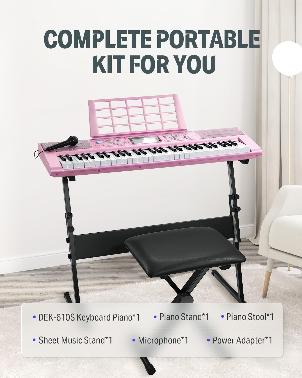 Donner - Teclado Piano de 61 teclas, kit de teclado eléctrico con 249 voces, 249 ritmos, incluye soporte para piano, taburete, micrófono, regalo para principiantes, rosa (DEK-610S)