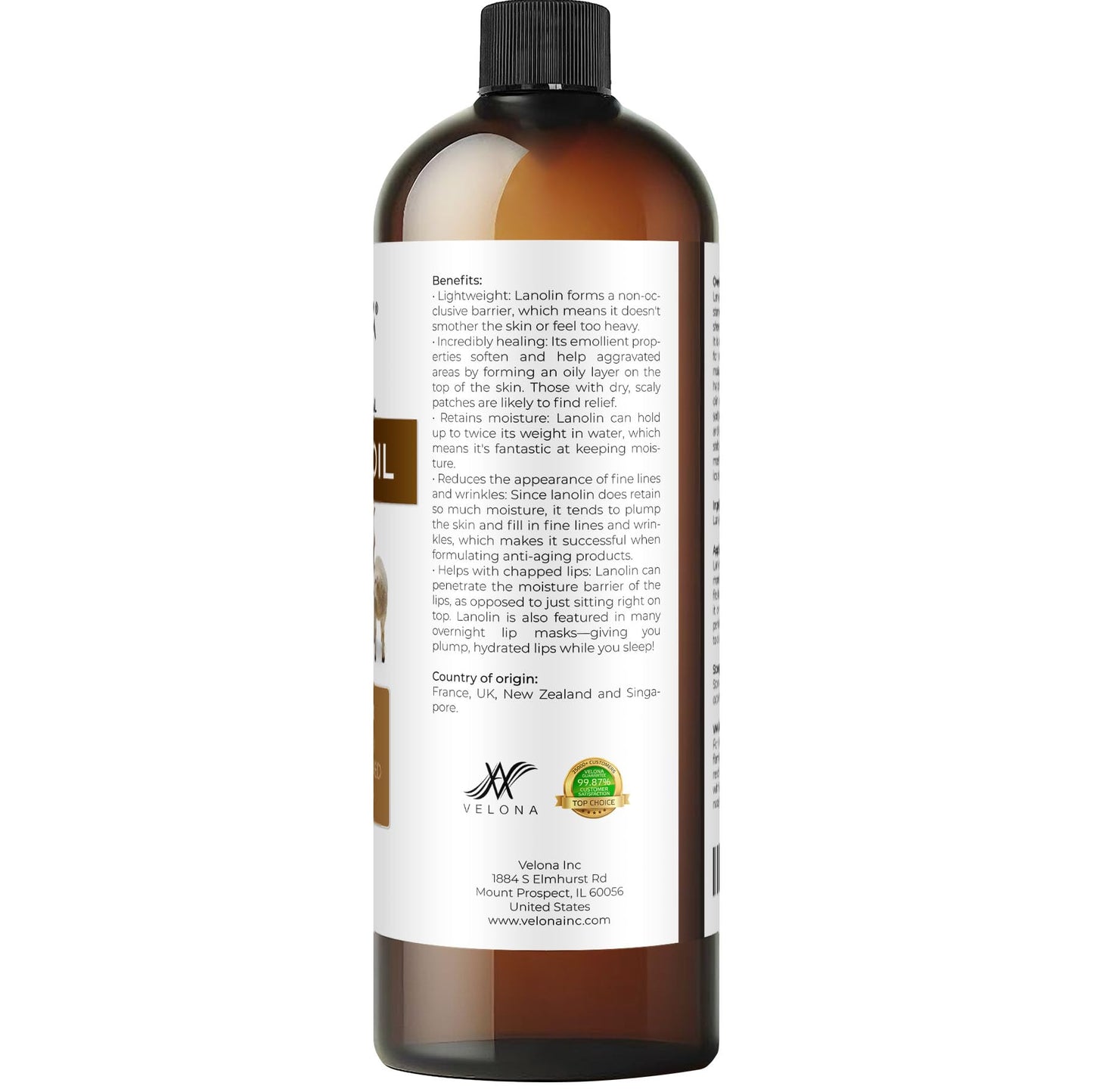 Lanolina Orgánica Pura 100% Refinada y Prensada en Frío | Hidratante Natural para Piel, Cabello y Cuerpo | Grado USP | Ideal para Acondicionar y Suavizar | Disponible en Diferentes Tamaños | Velona 473,18ml