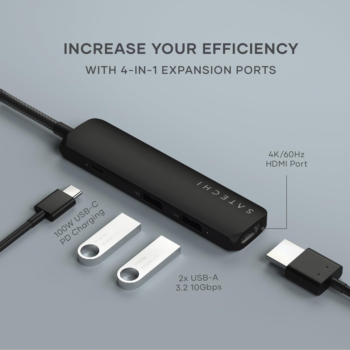 Adaptador USB-C SATECHI Negro 4 en 1 HDMI 4K, PD 100W, 2 Puertos USB-A, Lectores de Tarjetas Micro/SD
