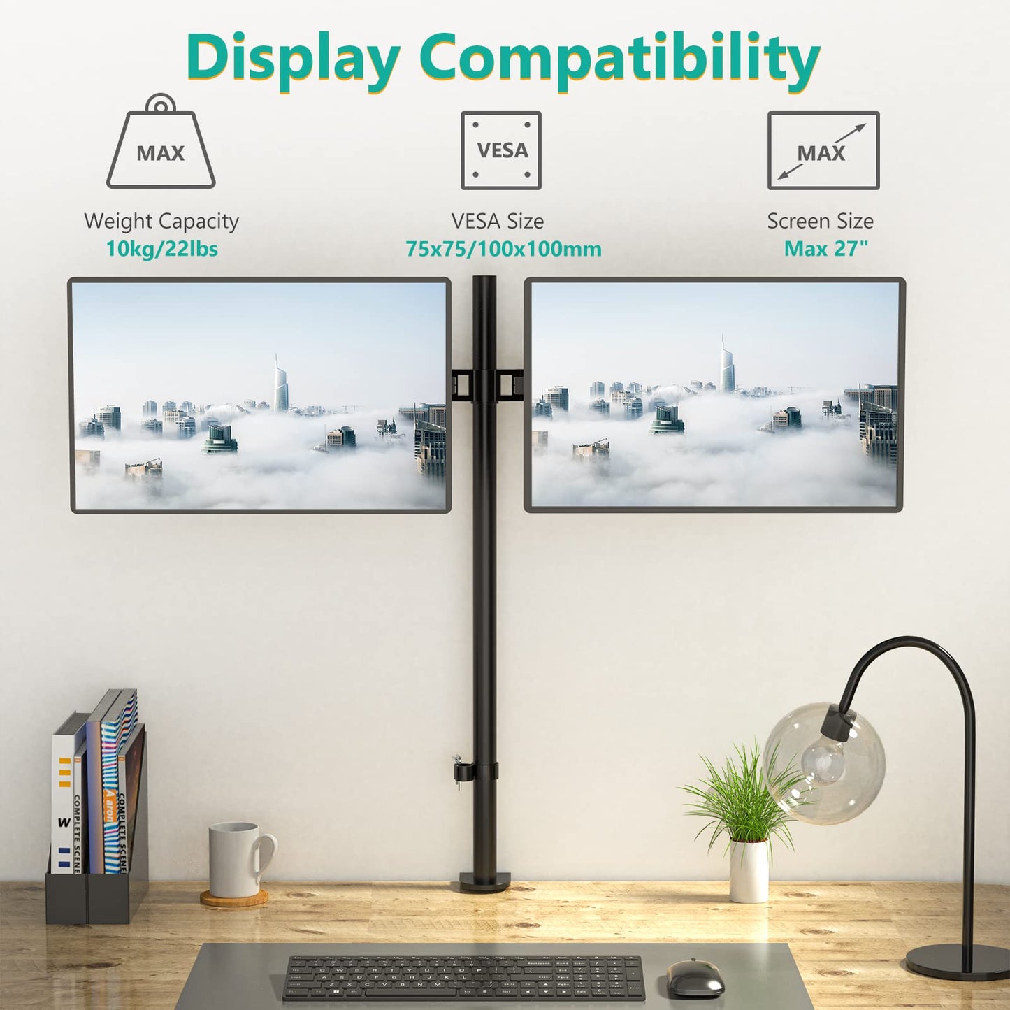 Soporte Doble Monitor WALI Negro Extra Alto con Brazo para Dos Monitores hasta 27 Pulgadas de 10 kg