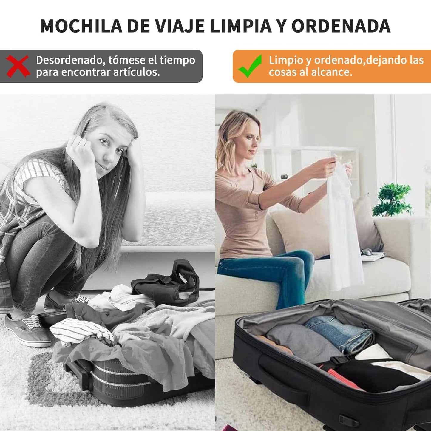 Juego de mochila de viaje de 5 piezas, mochila de equipaje certificada por vuelo extra grande 40 L, maleta expandible con 4 bolsas de almacenamiento, mochila de negocios impermeable, unisex (Negro)