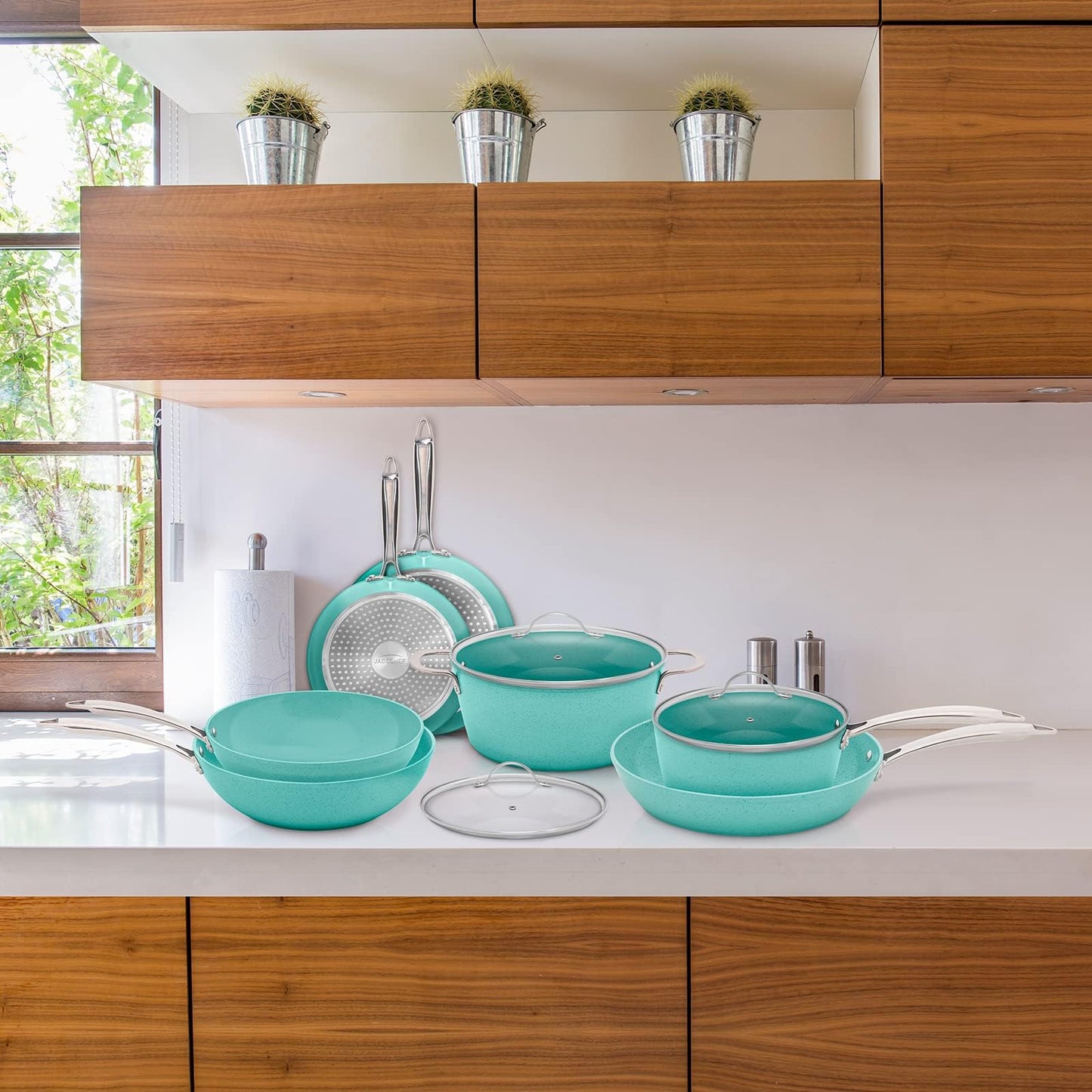 JADECOOK Bateria de Cocina 10 Piezas JADE CHEF Tapas y Mangos de Acero Inoxidable 6 Capas de Antiadherente Compatible con Estufas de Gas Induccion y Electricas Ollas Cacerolas Sartenes Cocina