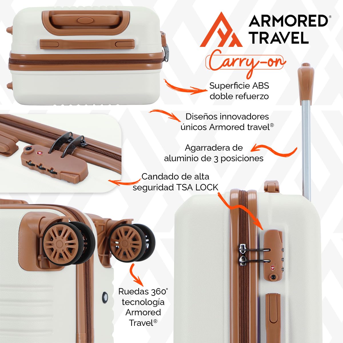 Maleta De Viaje Carry On 20" de Mano Cabina 10kg Rígida Doble Refuerzo Con * TSA Lock * Luggage suitcase Armored Travel (Beige - Palace)