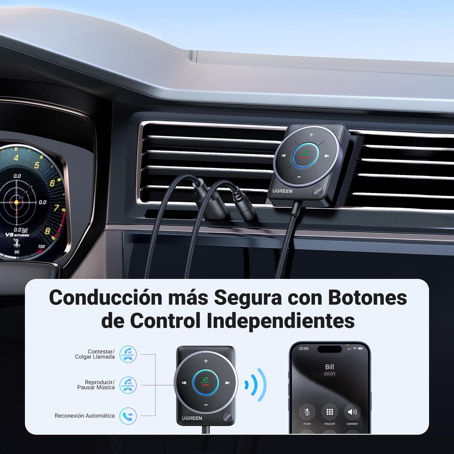 Adaptador Bluetooth UGREEN Negro Conexión Mejorada y Cancelación de Ruido para Auto