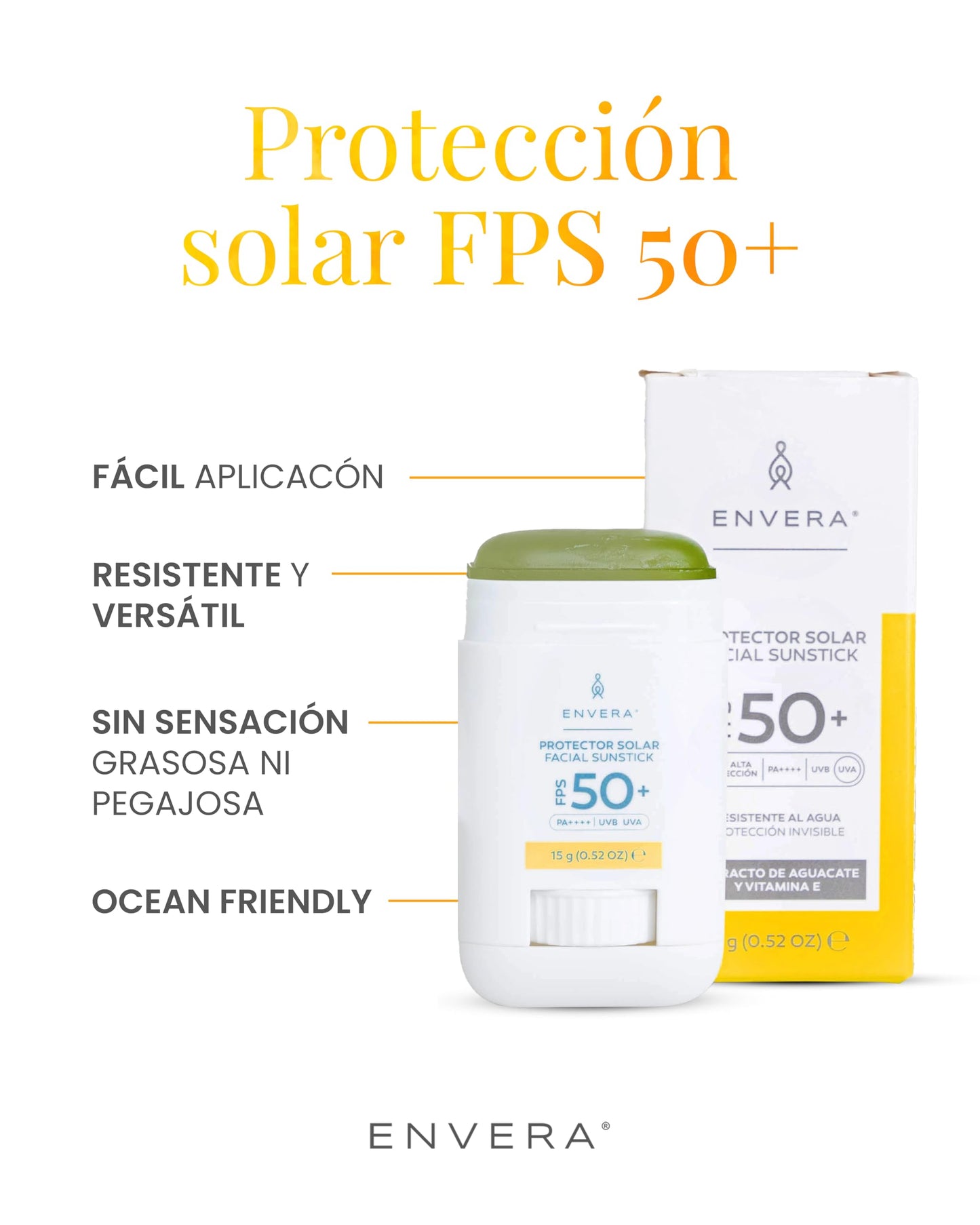 ENVERA | Protector Solar Facial y Corporal 3 en 1: FPS 50+ UVA/UVB, PA++++ | 15gr | Invisible, Humectante, Antioxidantes | Bloqueador Solar en Barra Hipoalergénico | Skincare Vegano
