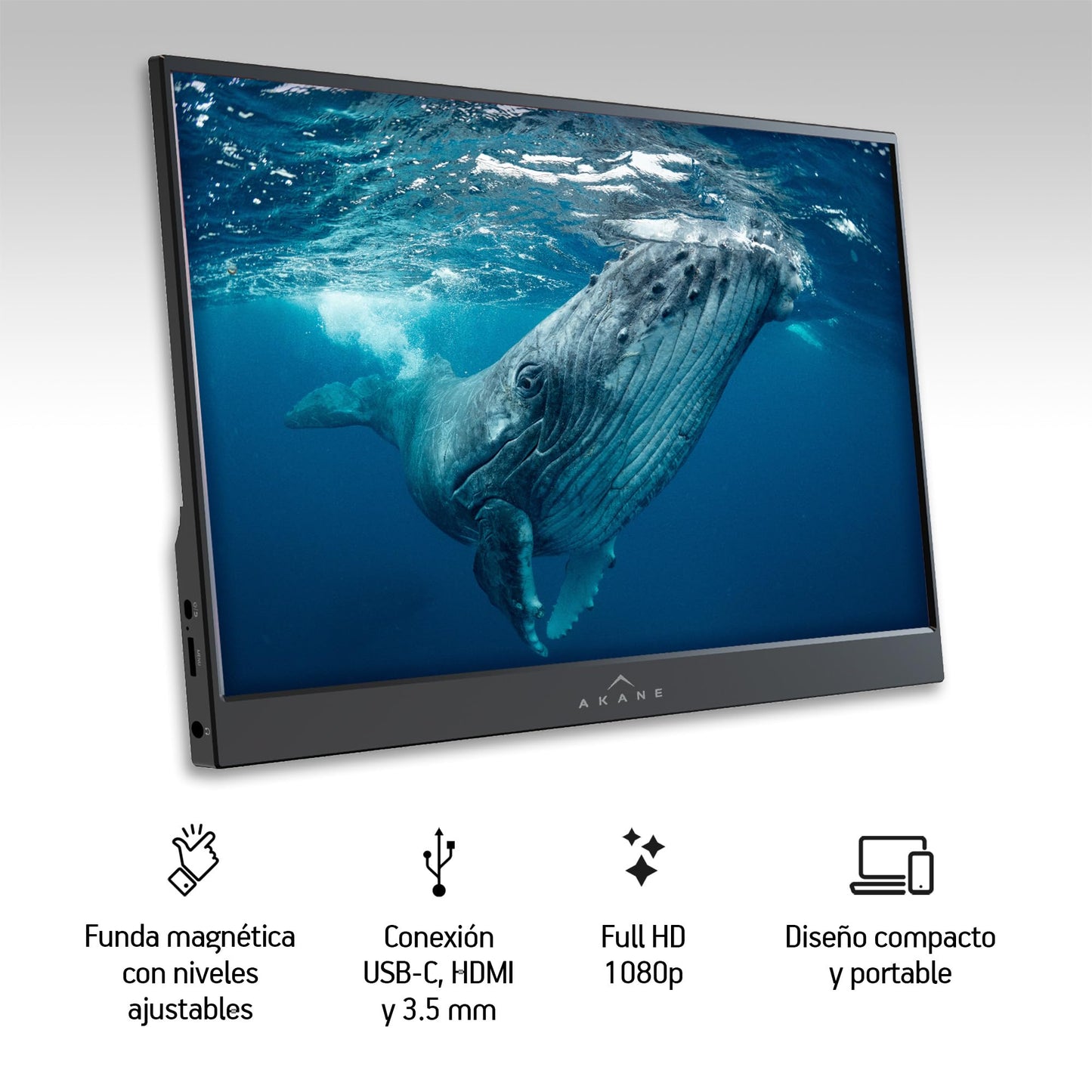 Akane Monitor Portátil Full HD 15.6 Pulgadas, Pantalla Externa para Laptop, Celular y Consola, Conexión USB-C y Mini HDMI, para Android, iOS, Windows, Nintendo Switch y más, con Funda Magnética