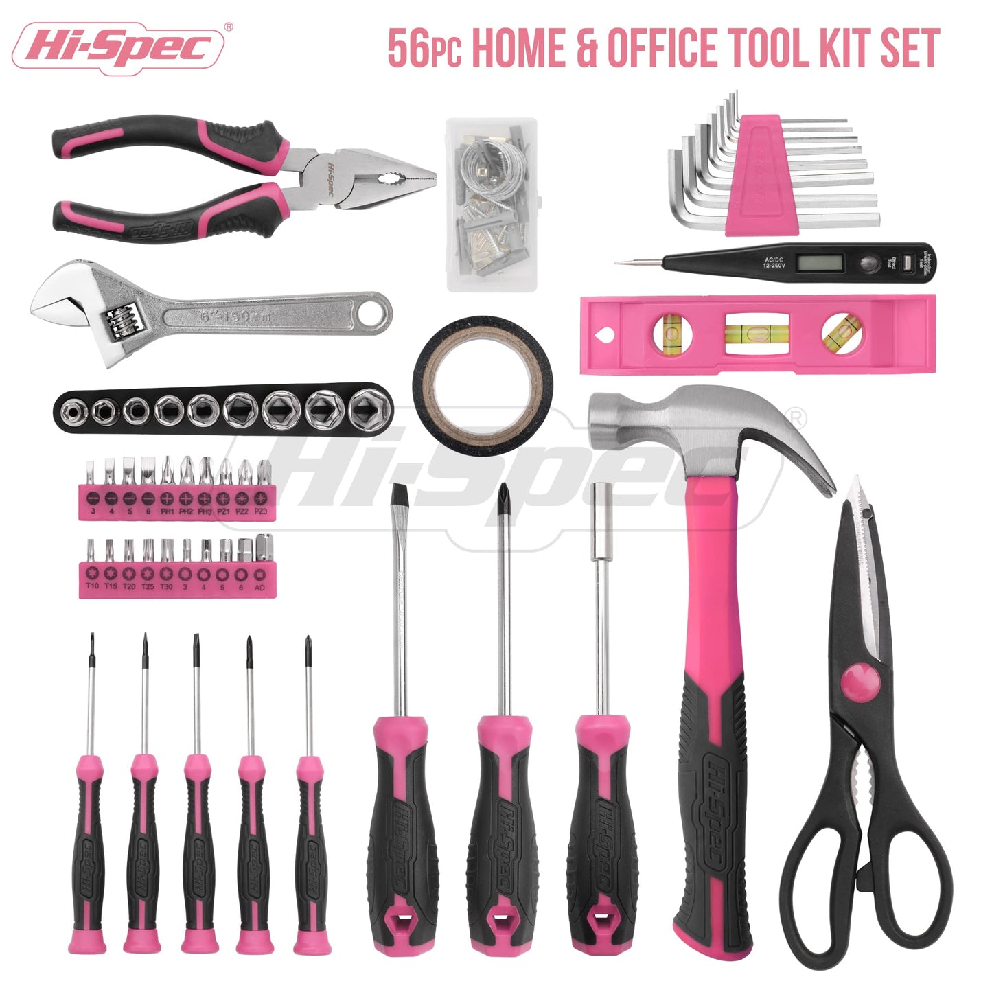 Hi-Spec Caja de Herramientas Rosa para El Hogar de 56 Piezas. Juego de Herramientas Completa para Reparación, Mantenimiento, y Mecánica. Martillo, Alicates, y Llaves. con Maletin de Almacenamiento
