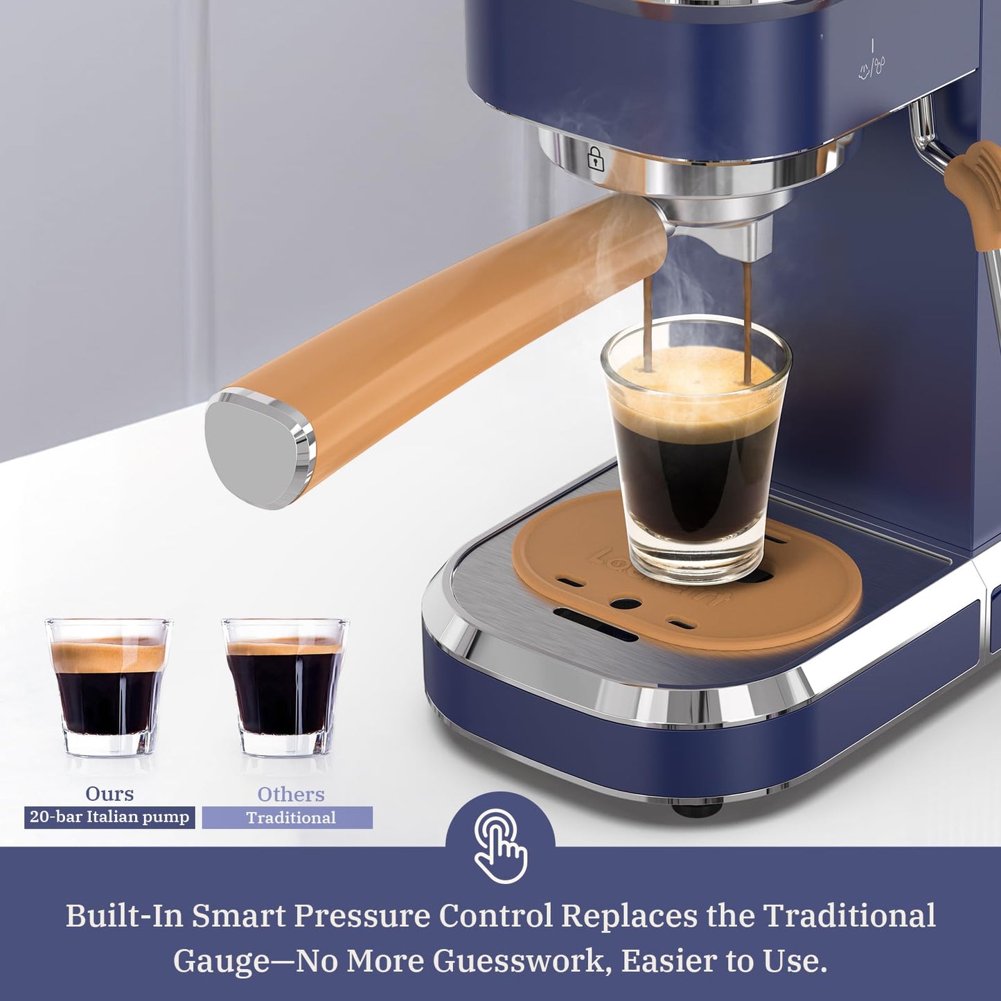 Laekerrt CMEP01 - Cafetera espresso con vaporizador de leche, máquina de café Home Expresso para capuchino y latte (azul marino, acero inoxidable), regalo para los amantes del café, padre