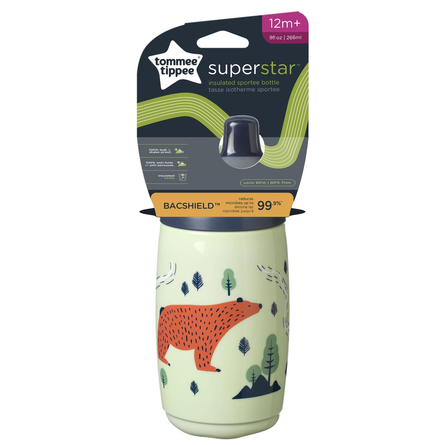Tommee Tippee Superstar Insulated Sportee Toddler Water Bottle, INTELLIVALVE 100% Leak-Proof & Shake-Proof | Antimicrobial Technology (9oz, 12+ Months, 1 Count), Green