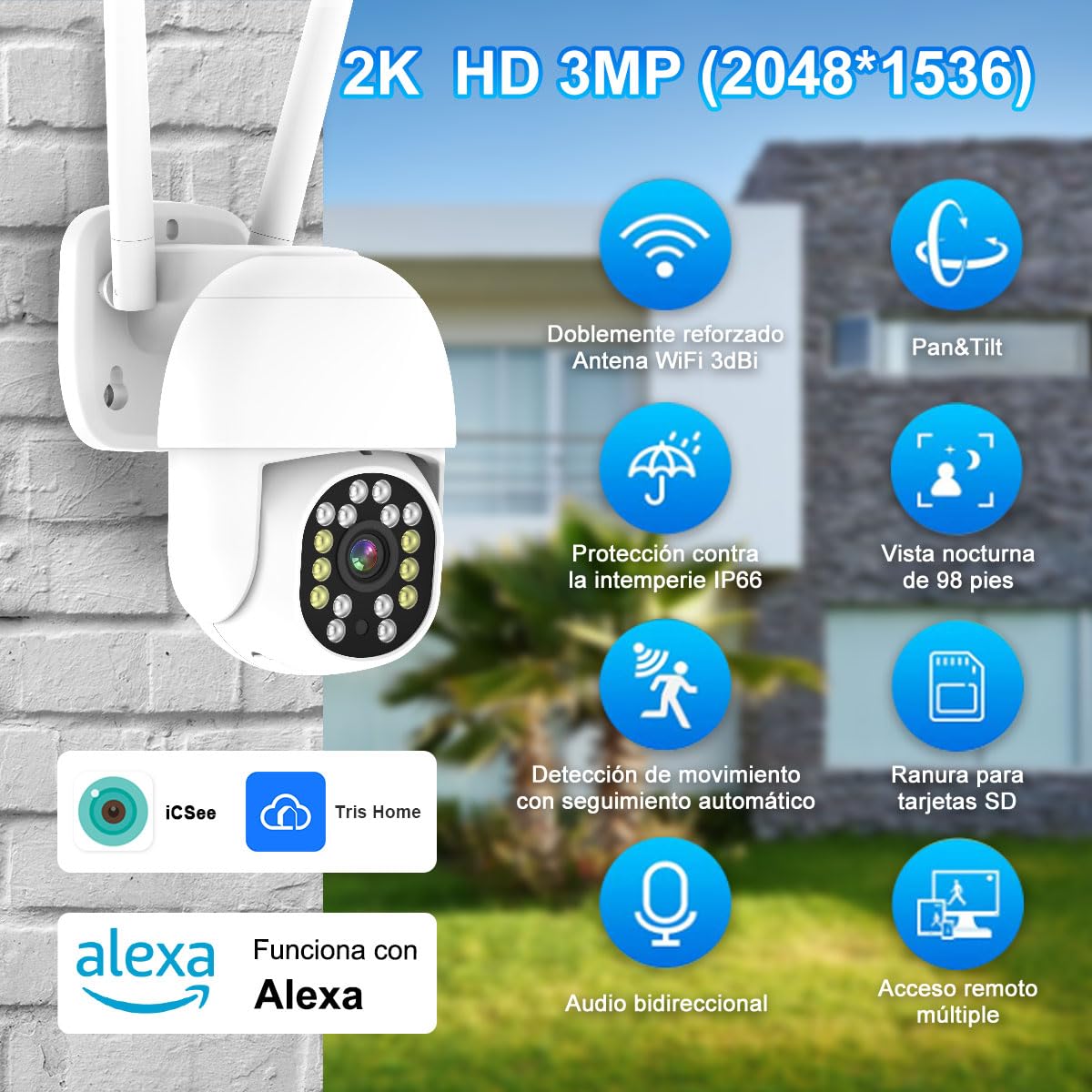 Cámara de Seguridad Easyao C03 Exterior WiFi 2K 3MP Visión Nocturna Audio Bidireccional Detección de Movimiento Alexa