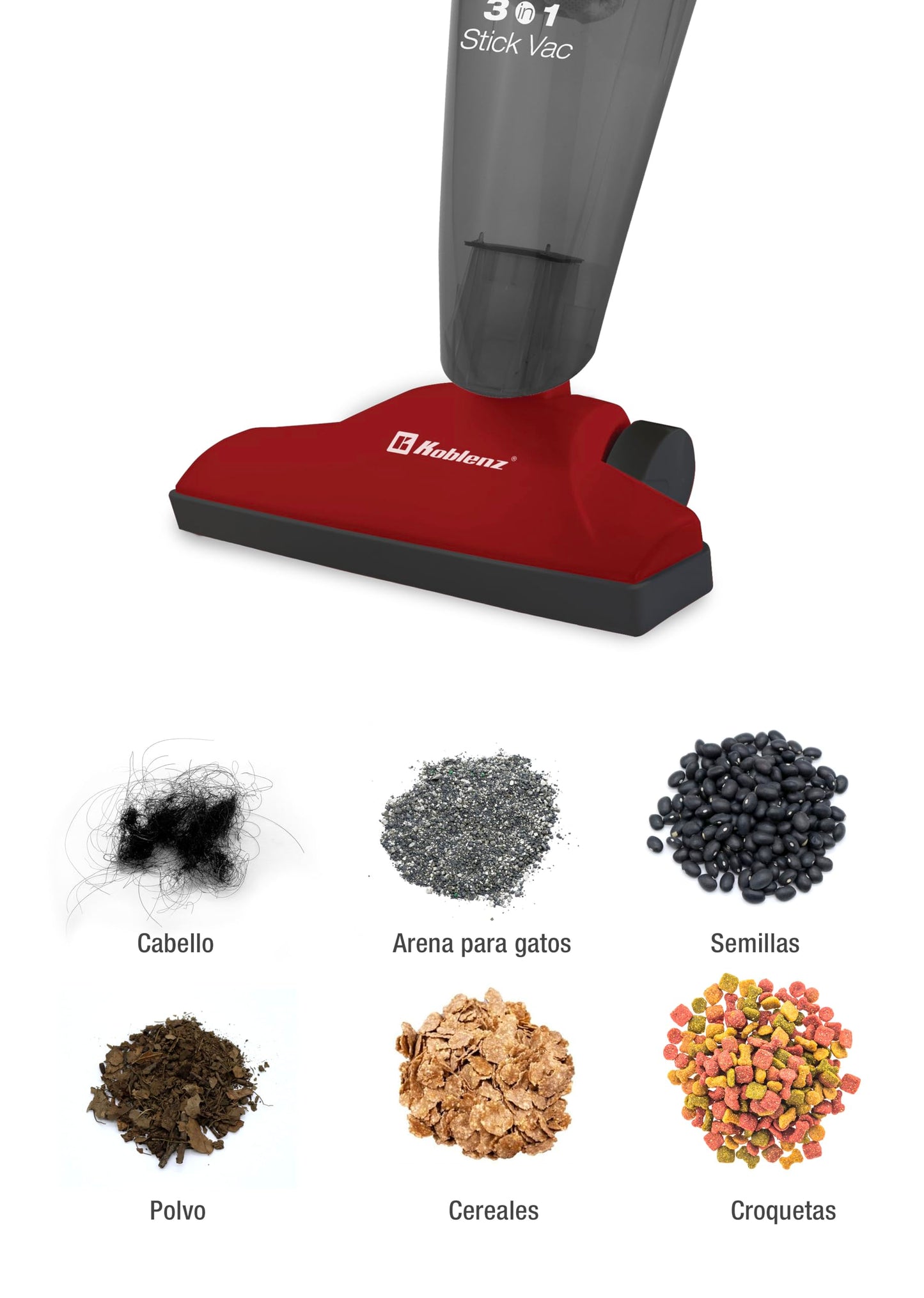Koblenz Pegasus, Aspiradora Vertical 3-en-1, Stick Vac, Aspiradora de Mano, de Bastón y de Auto, Cable de 5m, Copa de Polvo, Sin Bolsa, Sistema Doble de Filtrado, para Cualquier Piso, Color Rojo