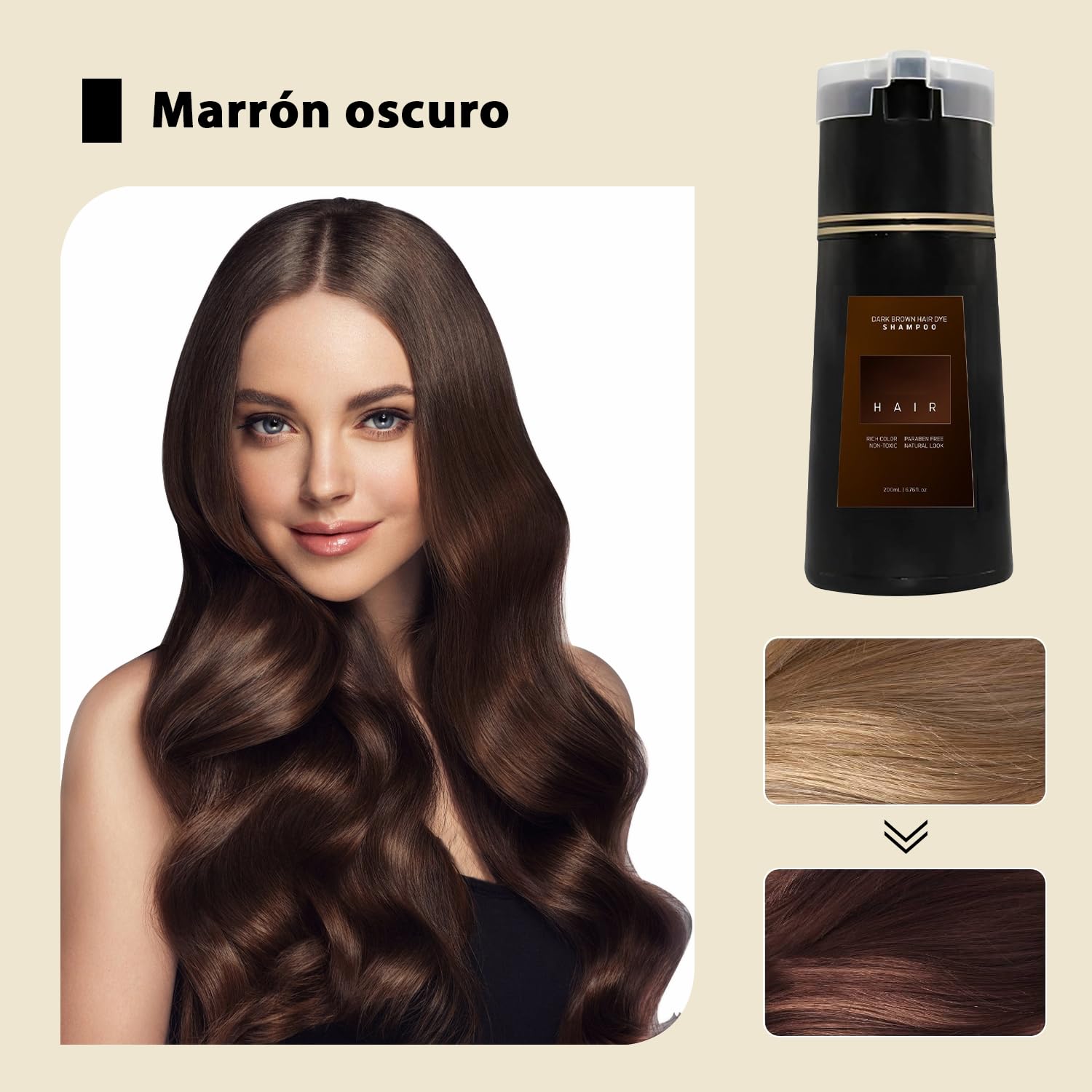 Hair Dye Shampoo, 3 in 1 Instant Hair Dye Shampoo, Color Shampoo Hair Dye for Hair Coverage, Champú colorante natural para cubrir canas, for All Hair Types,200ml (Marron oscuro)