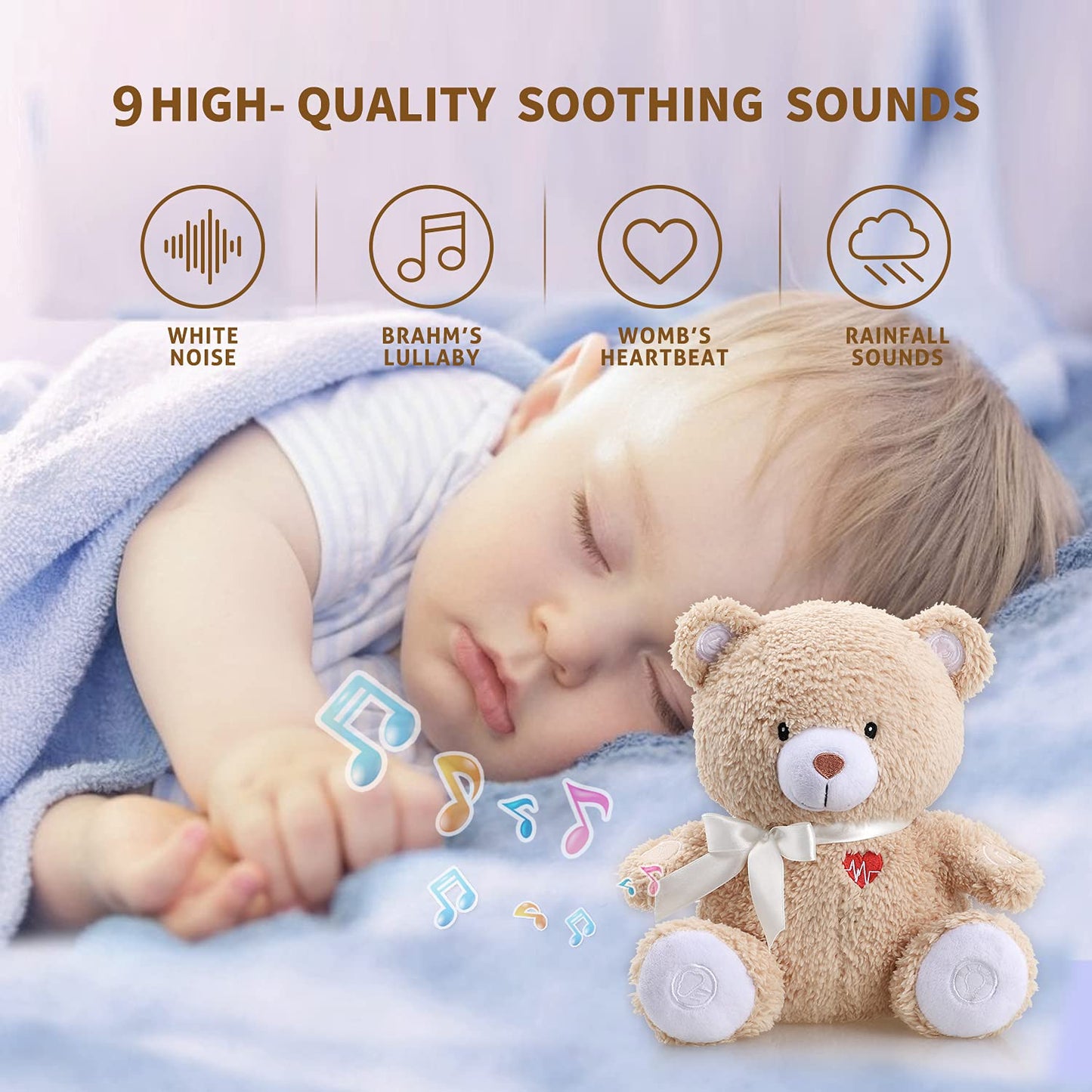 BEREST - Chupete de ayuda para dormir activado, máquina de ruido blanco, regalo de animales de peluche para bebé, juguete de oso con decoración de guardería, luz nocturna, latidos del corazón del