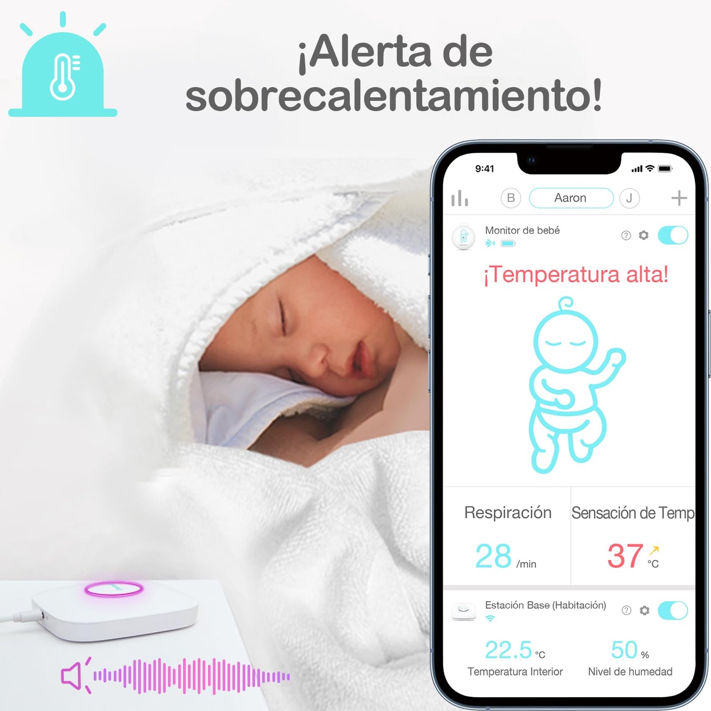 Monitor de Bebés Sense-U Larga Distancia con Alerta para Monitoreo de Respiración y Temperatura