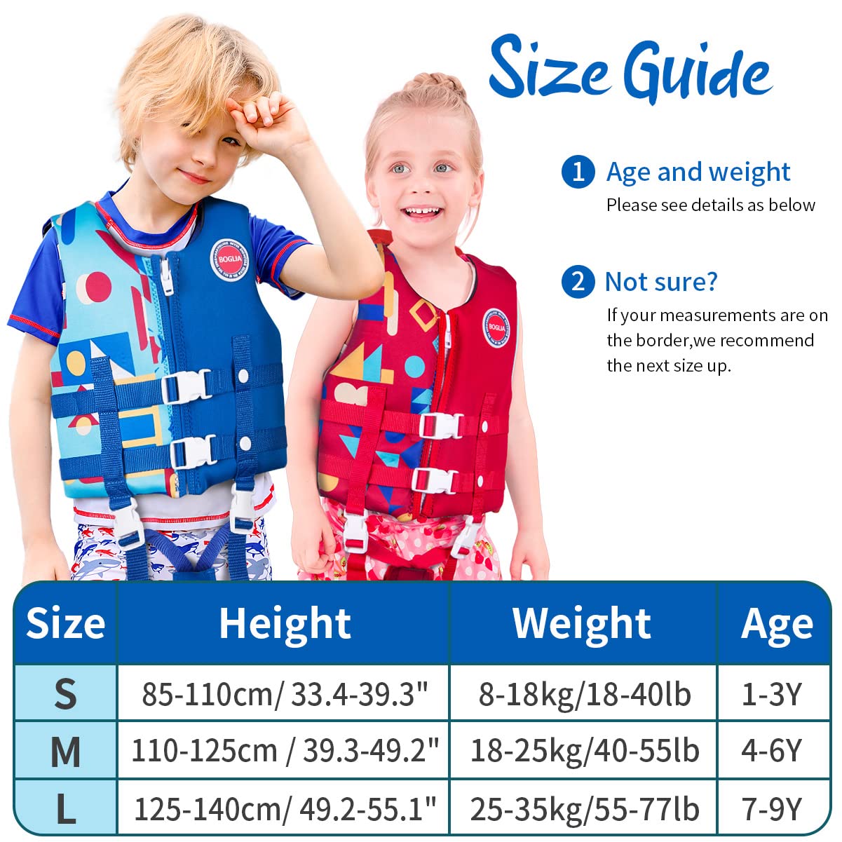 Boglia - Chaleco de natación para niños y niñas, traje de baño flotante con correa de seguridad ajustable para niños de 2 a 9 años/22 a 50 libras