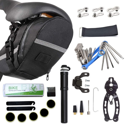 Kit de Herramientas para Bicicleta HHLC Negro con Bomba, Bolsa de Sillín y Herramienta Multifunción 11 en 1 para Road Mountain BMX