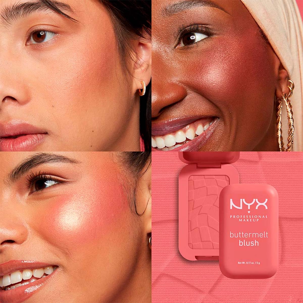 NYX Professional Makeup, Buttermelt Blush, Tono: Feeling Butta (rosa oscuro). Rubor cremoso en polvo infusionado con manteca de karité, mango y almendras, hasta 12hrs de uso, no se desvanece, resistente a transferencias. Fórmula vegana.