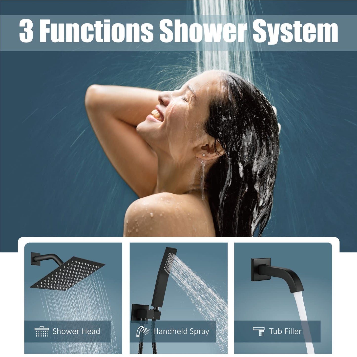 Aolemi Sistema de ducha de lluvia de 8 pulgadas, color negro mate, juego combinado con cabezal de ducha con relleno de tina, ducha de mano de lujo, válvula empotrada incluida, montaje en pared, llave mezclador de ducha