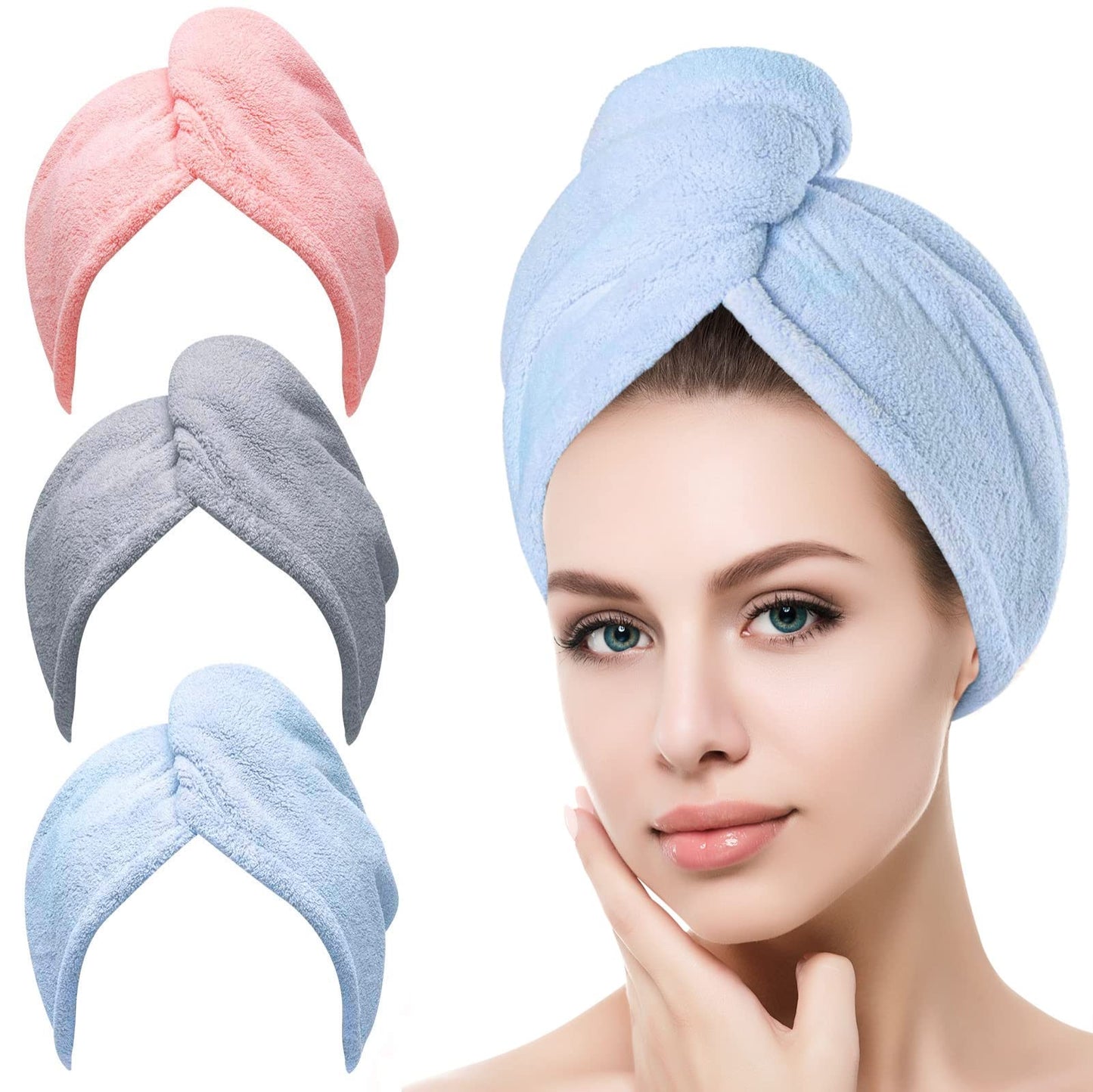 Toalla Microfibra para Cabello 3 Pack, Toalla de Cabello Seco con Botones, Gorro de Baño Ultra Absorbente de Agua, Secado de Pelo Súper Rápido, Turbante Suave Anti Frizz para Mujer (Rosa Gris Azul)