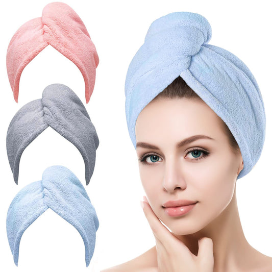 Toalla Microfibra para Cabello 3 Pack, Toalla de Cabello Seco con Botones, Gorro de Baño Ultra Absorbente de Agua, Secado de Pelo Súper Rápido, Turbante Suave Anti Frizz para Mujer (Rosa Gris Azul)