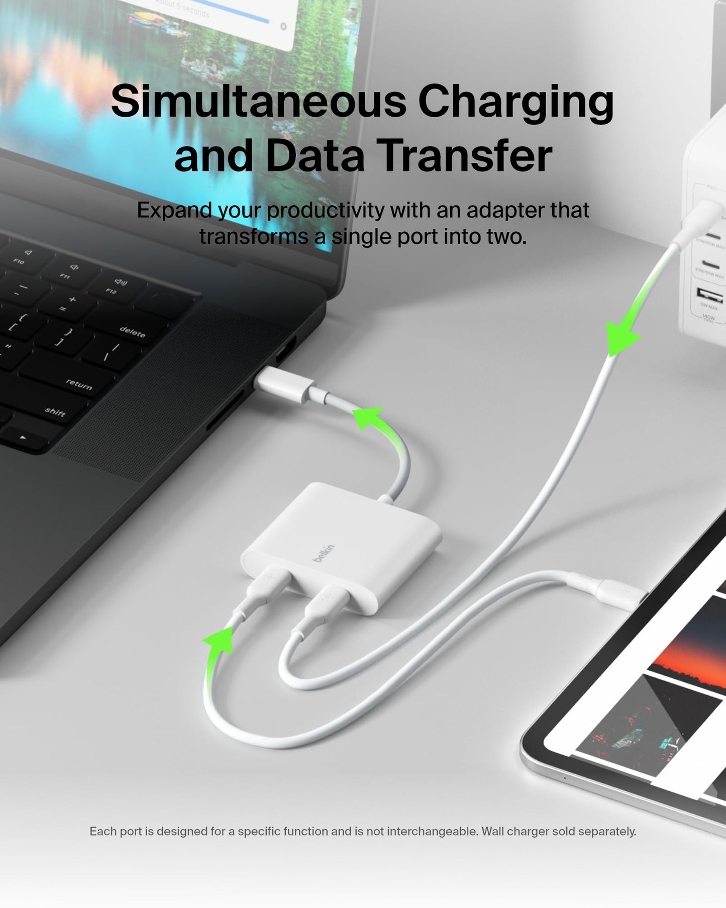 Belkin Connect USB-C Power & Data Splitter, concentrador de Doble Puerto con 1 Puerto USB-C 3.2 Gen2 y 1 Puerto PD de 100 W para Carga simultánea y Transferencia de Datos para iPhone, iPad, Nintendo
